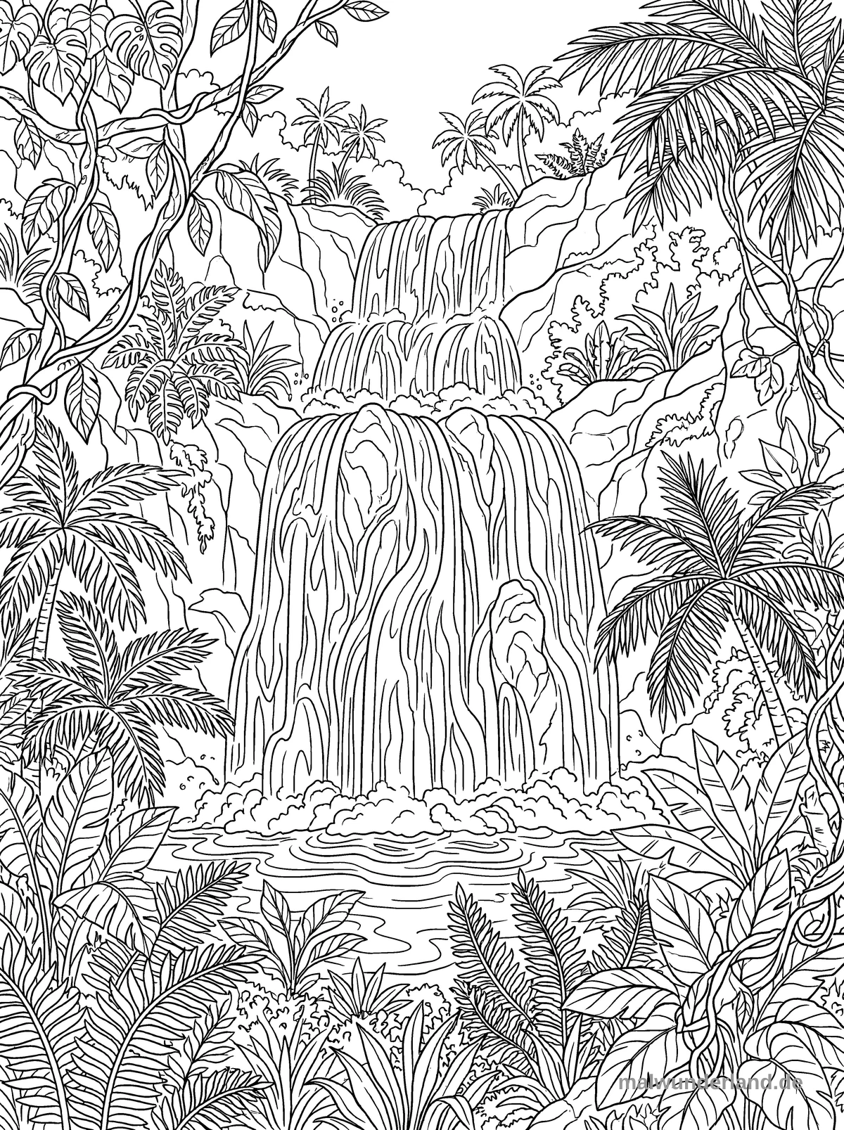 Das Bild zeigt eine detaillierte Ausmalvorlage eines üppigen Dschungels mit einem mehrstufigen Wasserfall, der in einen ruhigen Teich mündet. Die Szene ist reich an tropischer Vegetation, darunter Palmen, Lianen und verschiedene große Blätter, die die Landschaft umgeben.