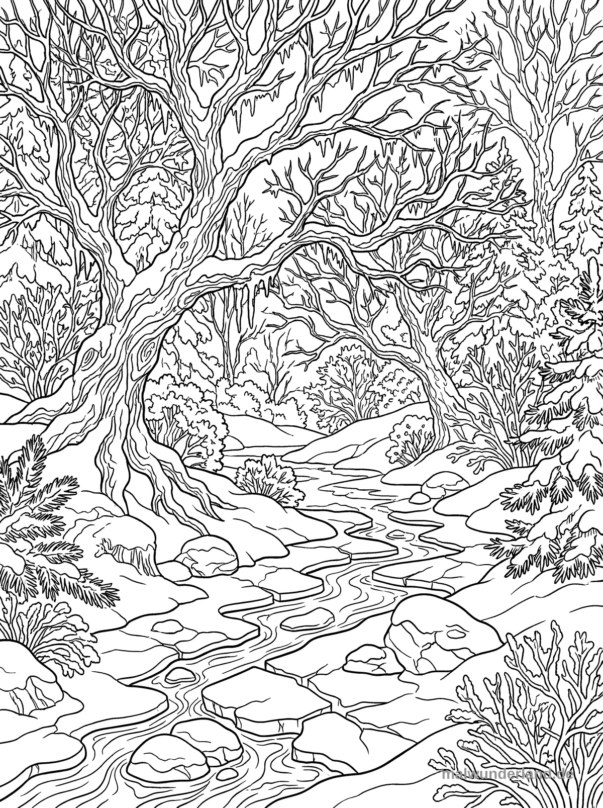 Ein detailliertes Ausmalbild zeigt eine winterliche Waldlandschaft mit einem geschwungenen Bachlauf, der von großen, kahlen Bäumen und schneebedeckten Ufern gesäumt wird. Auf dem Bach sind Eisschollen und Steine zu sehen.