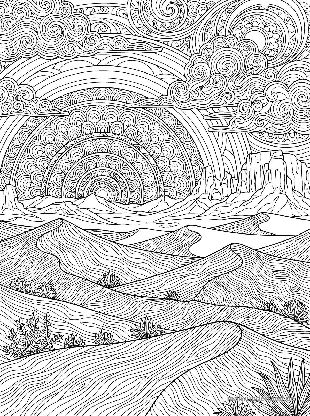 Wüstenlandschaft bei Sonnenuntergang - Kostenloses Ausmalbild zum Ausdrucken