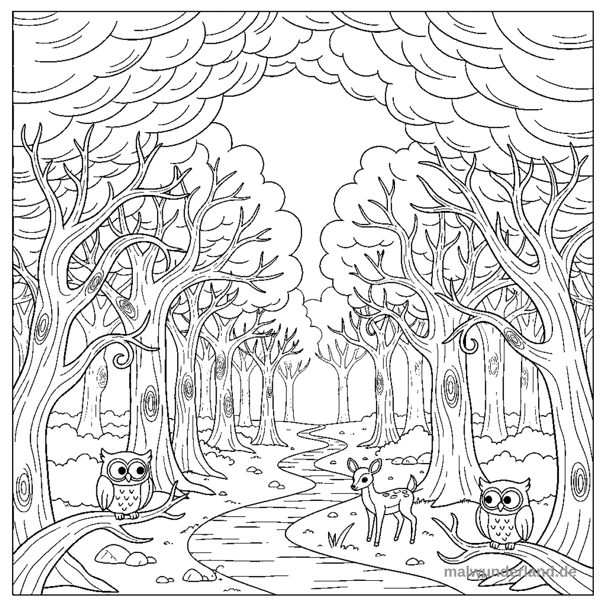 Nebliger Wald - Kostenloses Ausmalbild zum Ausdrucken
