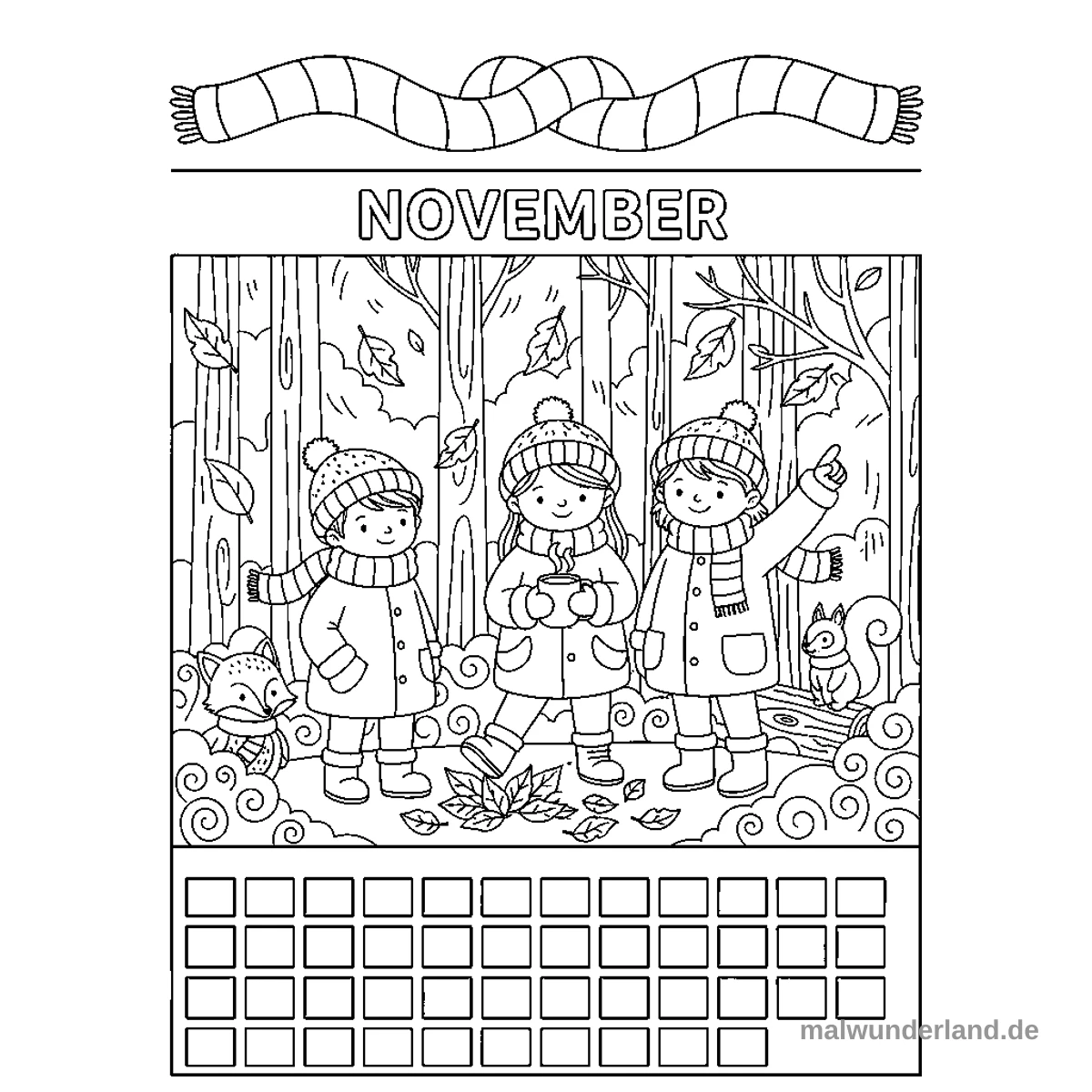 November Kalenderblatt - Kostenloses Ausmalbild zum Ausdrucken