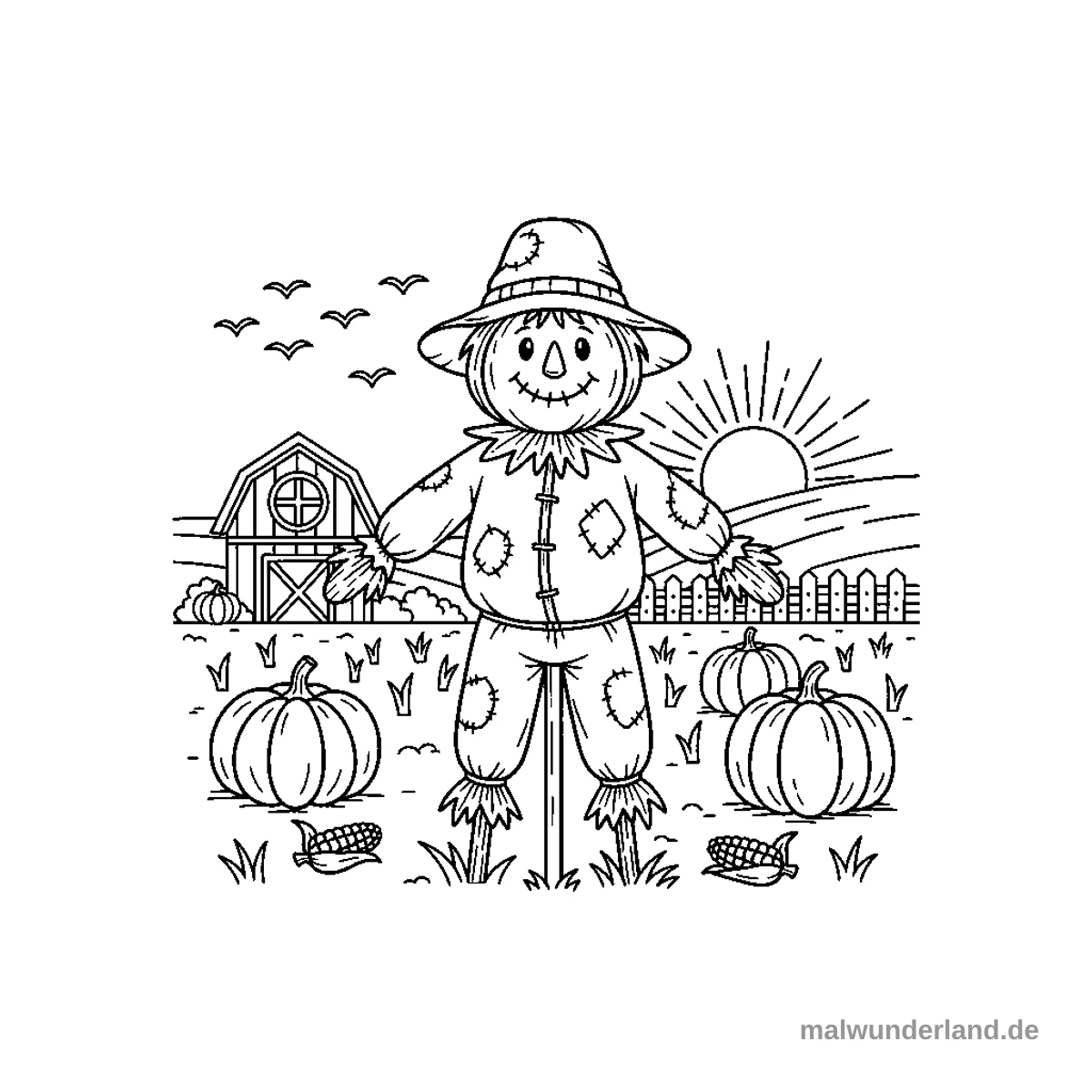 Das Ausmalbild zeigt eine freundliche Vogelscheuche in einem herbstlichen Feld. Um sie herum liegen Kürbisse und Maiskolben, während im Hintergrund eine Scheune, Vögel, Hügel und eine aufgehende Sonne zu sehen sind.