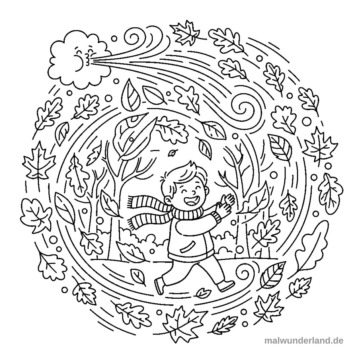 Dieses Ausmalbild zeigt einen fröhlichen Jungen, der in einem Wirbel aus Herbstblättern und kahlen Ästen rennt. Eine lächelnde Wolke am oberen Rand pustet den Wind, der die Blätter in einer kreisförmigen Bewegung um den Jungen herumfliegen lässt.