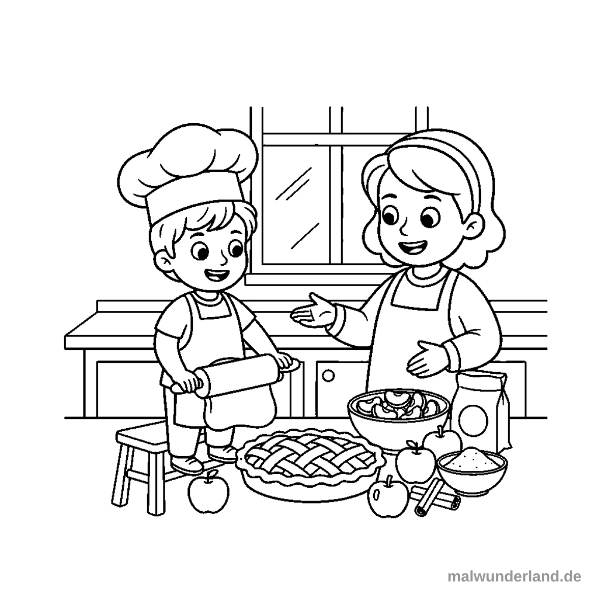 Apfelkuchen backen - Kostenloses Ausmalbild zum Ausdrucken