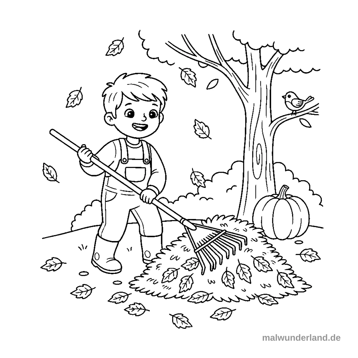 Blätter rechen - Kostenloses Ausmalbild zum Ausdrucken