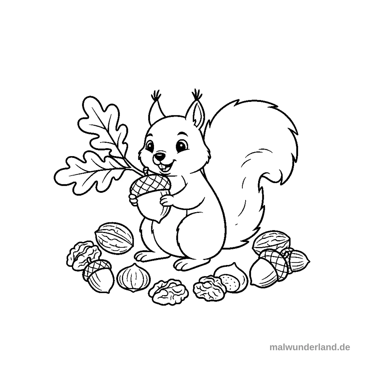 Eichel und Eichhörnchen - Kostenloses Ausmalbild zum Ausdrucken