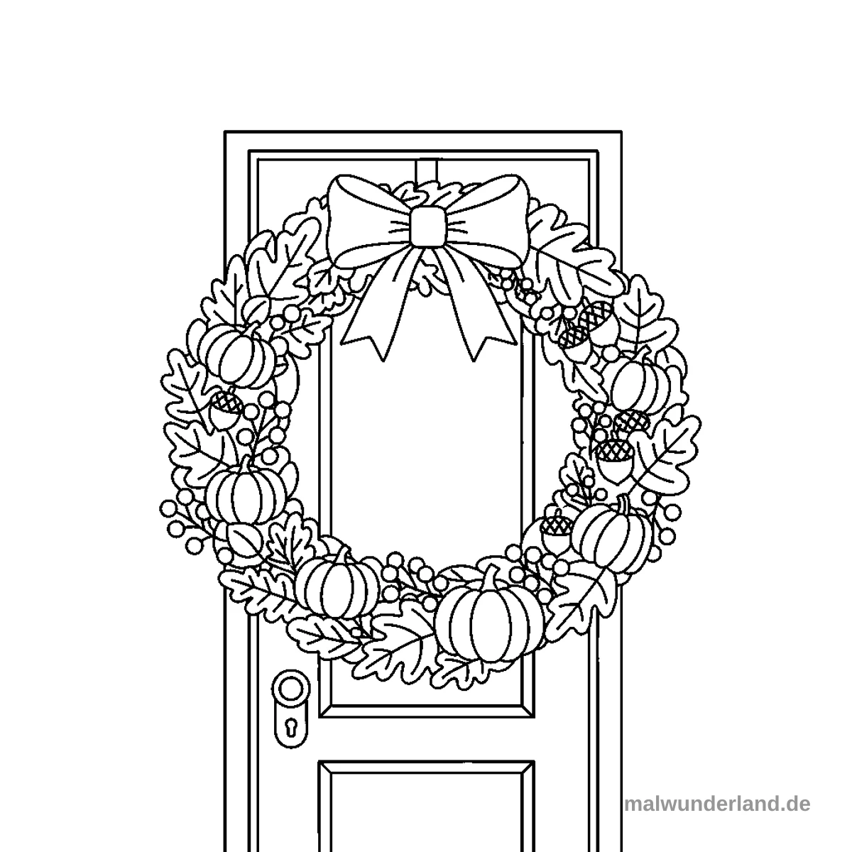 Herbstkranz an der Tür - Kostenloses Ausmalbild zum Ausdrucken