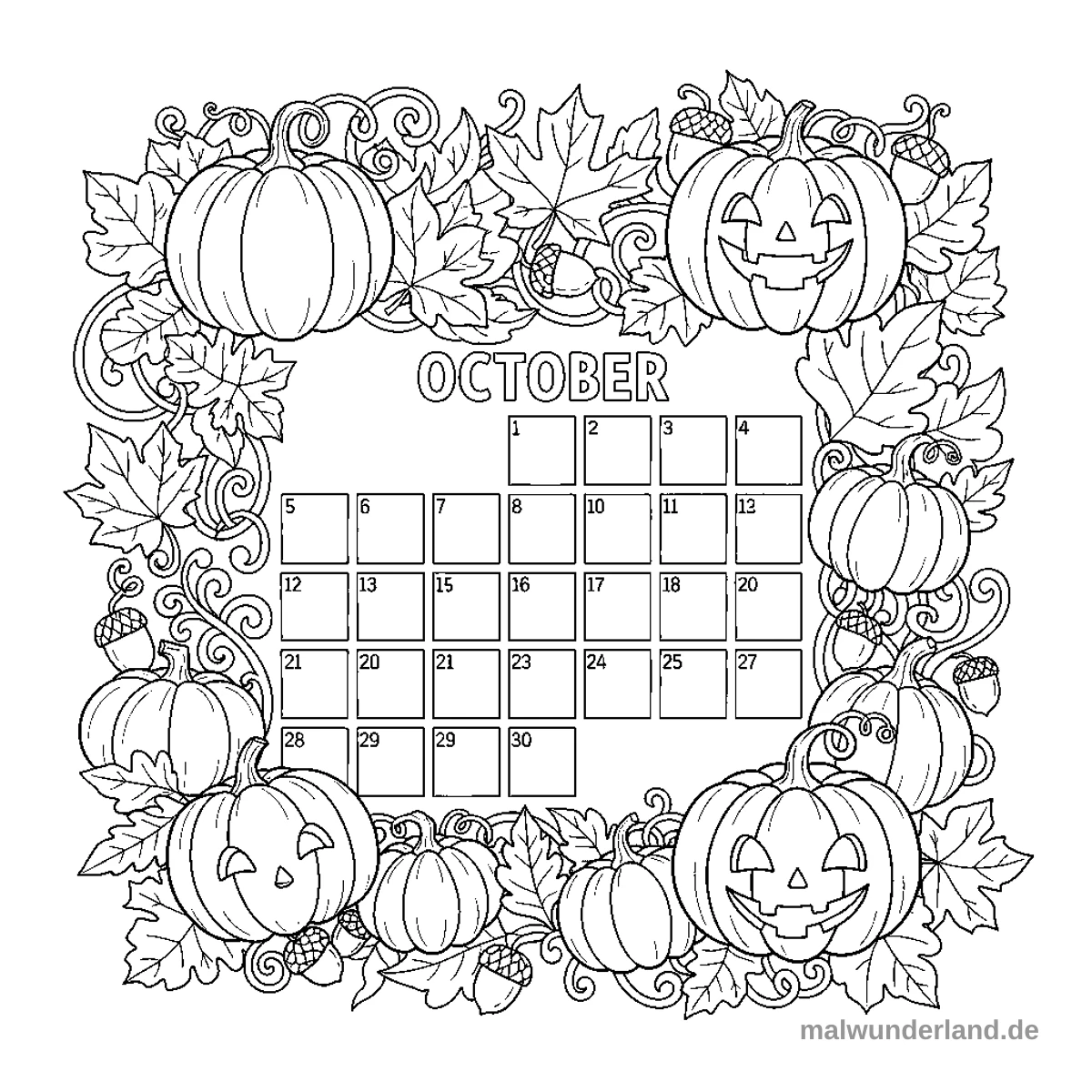 Oktober Kalenderblatt - Kostenloses Ausmalbild zum Ausdrucken