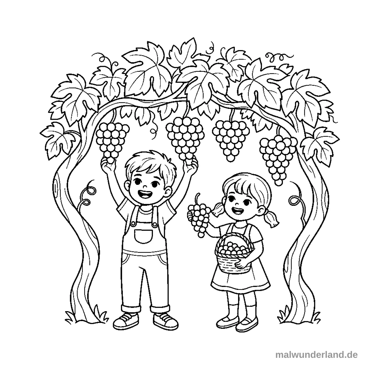 Zwei fröhliche Kinder, ein Junge und ein Mädchen, stehen unter einer großen Weinrebe und ernten Trauben. Der Junge hält zwei Traubenbüschel hoch, während das Mädchen einen Korb mit Trauben und einen weiteren Büschel in der Hand hält.