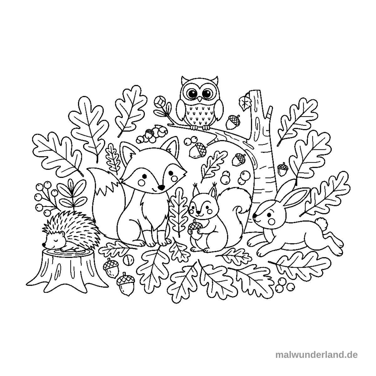 Waldtiere im Herbst - Kostenloses Ausmalbild zum Ausdrucken