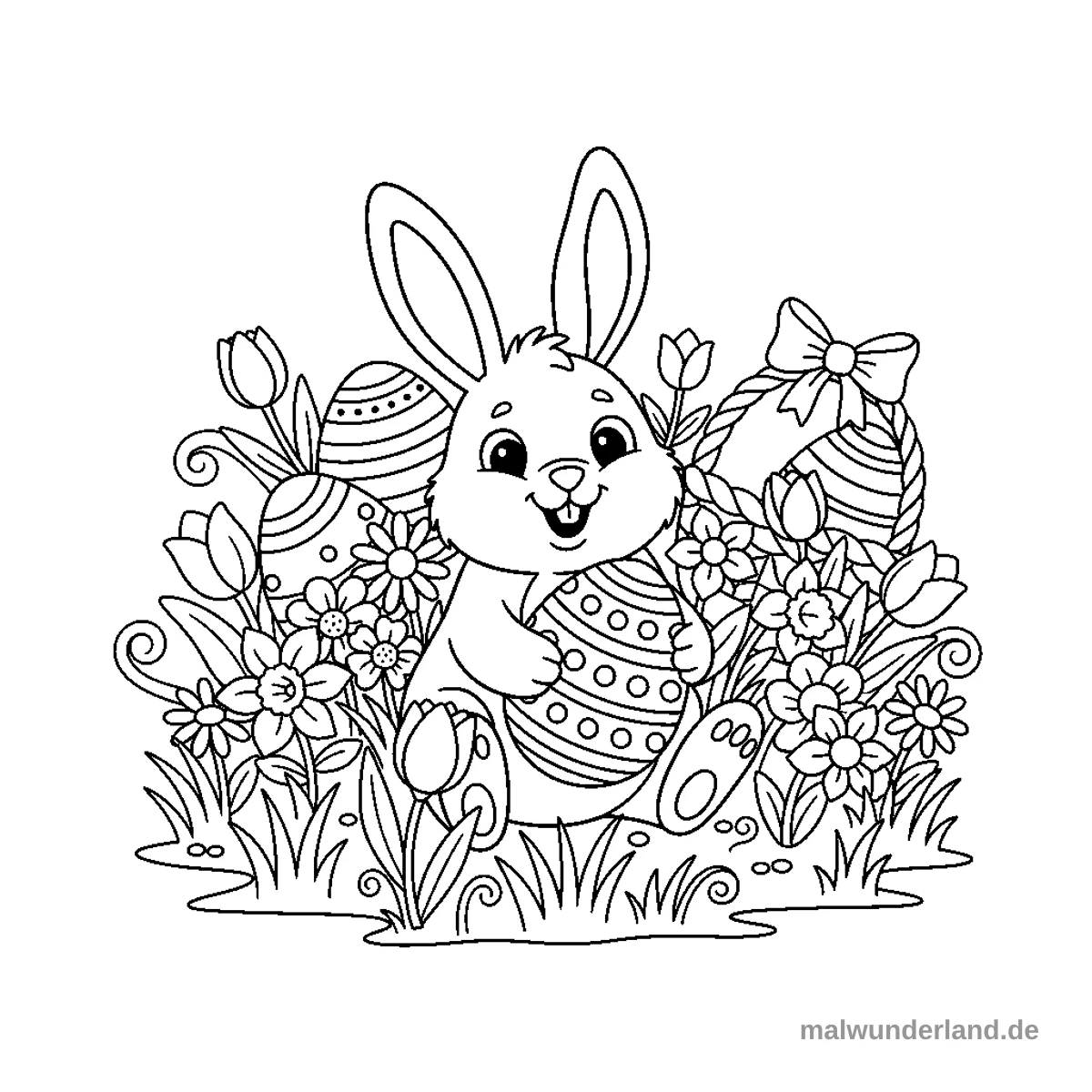 Blumenwiese mit Hase - Kostenloses Ausmalbild zum Ausdrucken