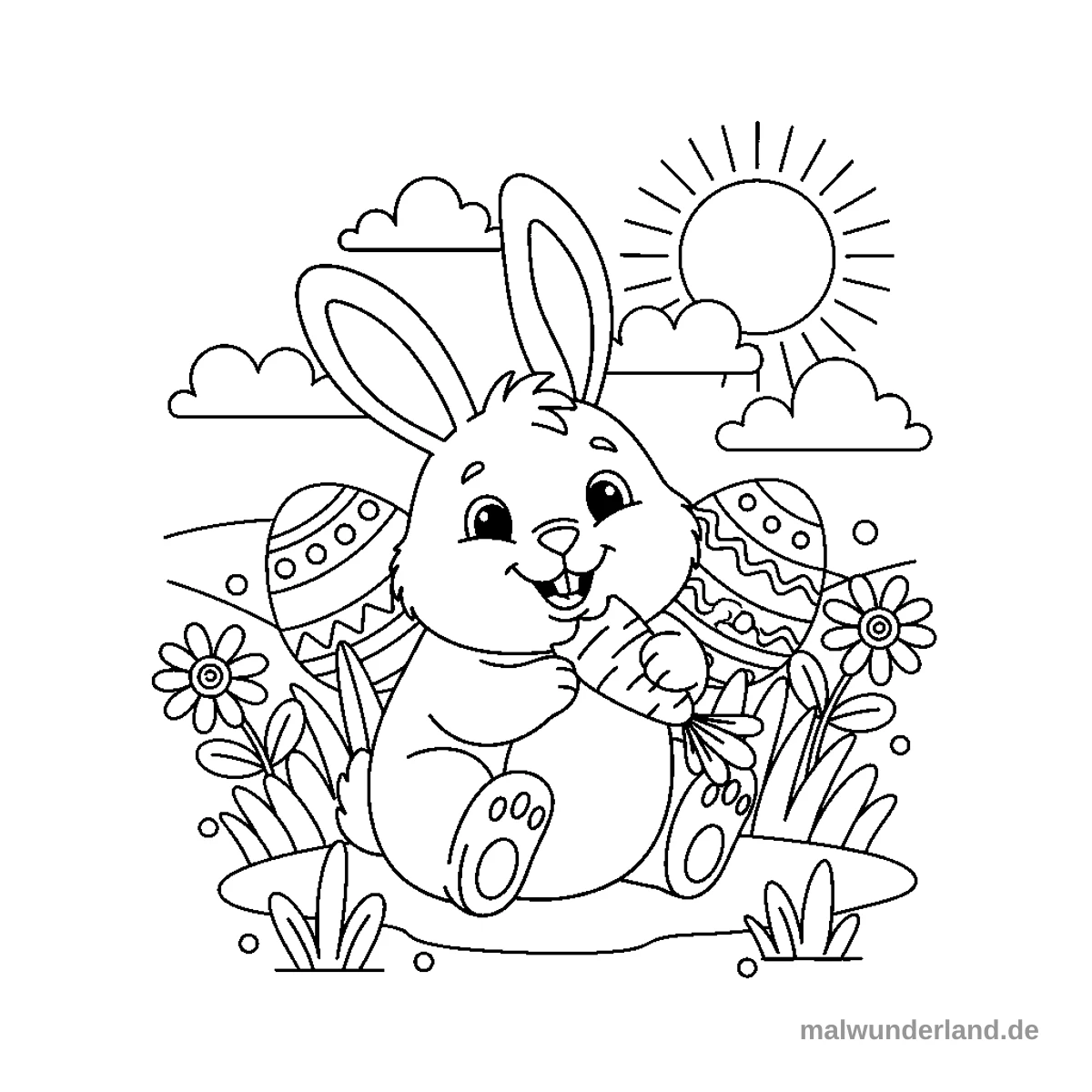 Hase im Karottenfeld - Kostenloses Ausmalbild zum Ausdrucken