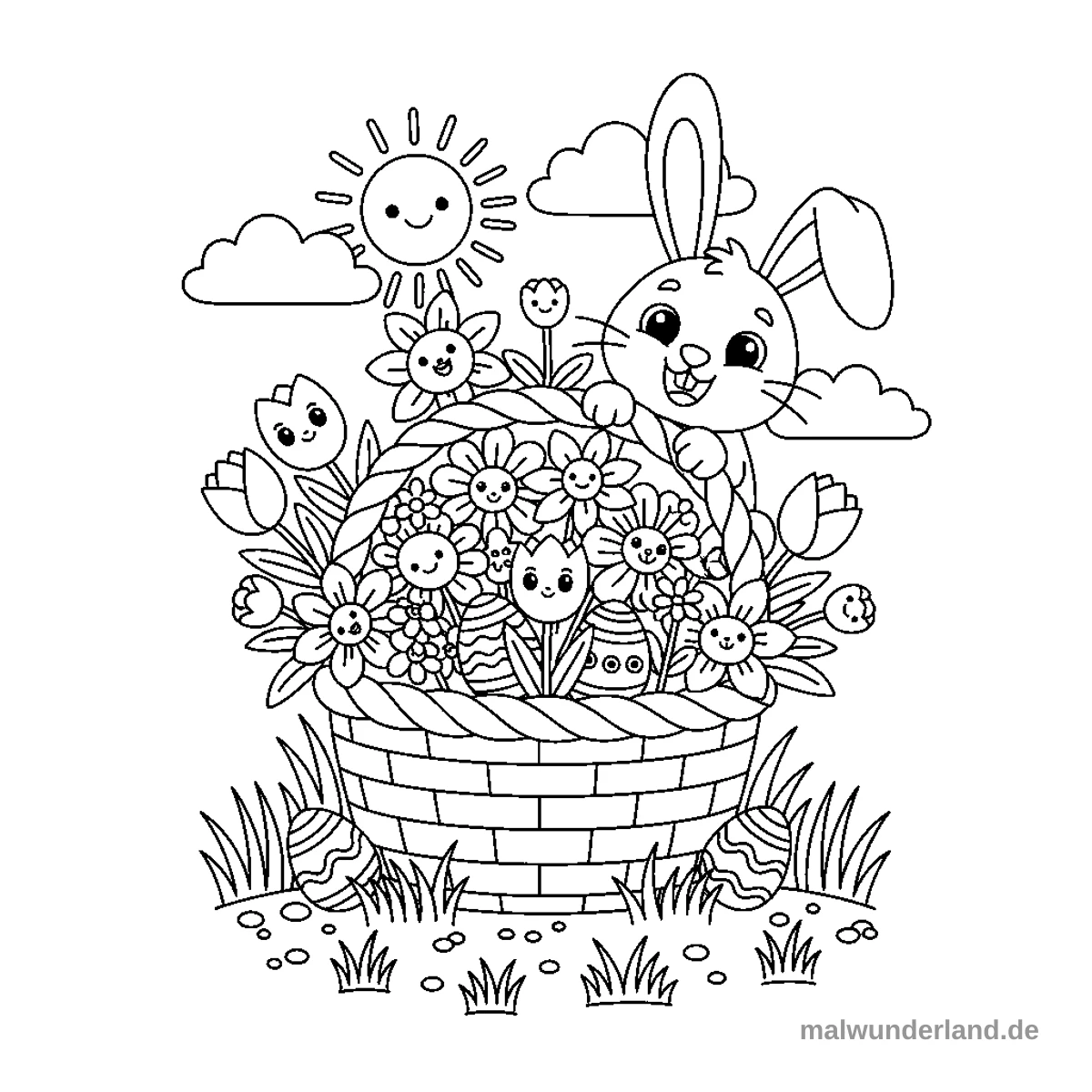 Korb voller Blumen - Kostenloses Ausmalbild zum Ausdrucken