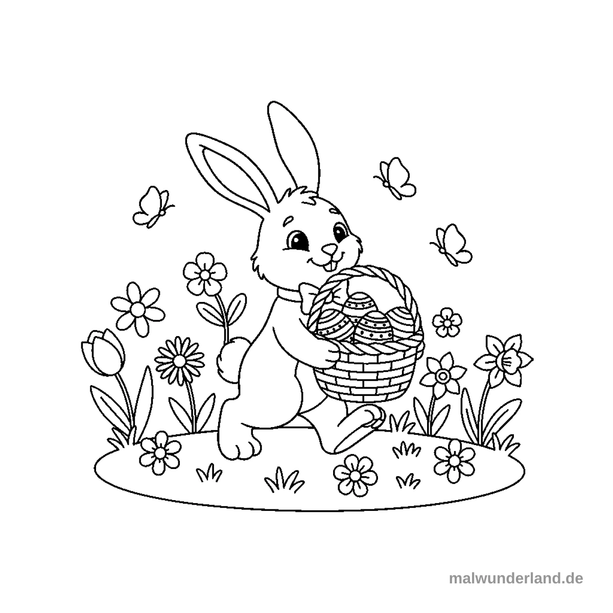 Osterhase mit Korb - Kostenloses Ausmalbild zum Ausdrucken