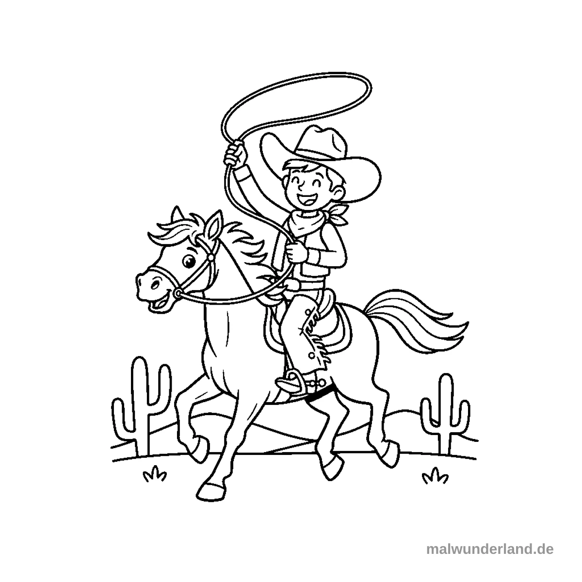 Das Bild zeigt einen fröhlichen Cartoon-Cowboy auf einem laufenden Pferd. Der Cowboy trägt einen Hut, ein Halstuch, eine Weste und Chaps, hält ein Lasso hoch und im Hintergrund sind zwei Kakteen sowie Hügel zu sehen.
