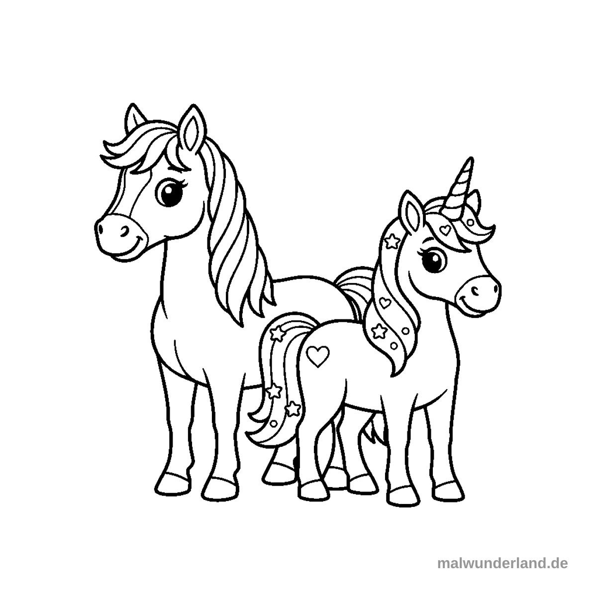 Das Bild zeigt ein Ausmalbild mit zwei nebeneinander stehenden, pferdeähnlichen Fabelwesen. Links ist ein größeres Pony oder Pferd zu sehen und rechts ein kleineres Einhorn mit einem Horn auf der Stirn.