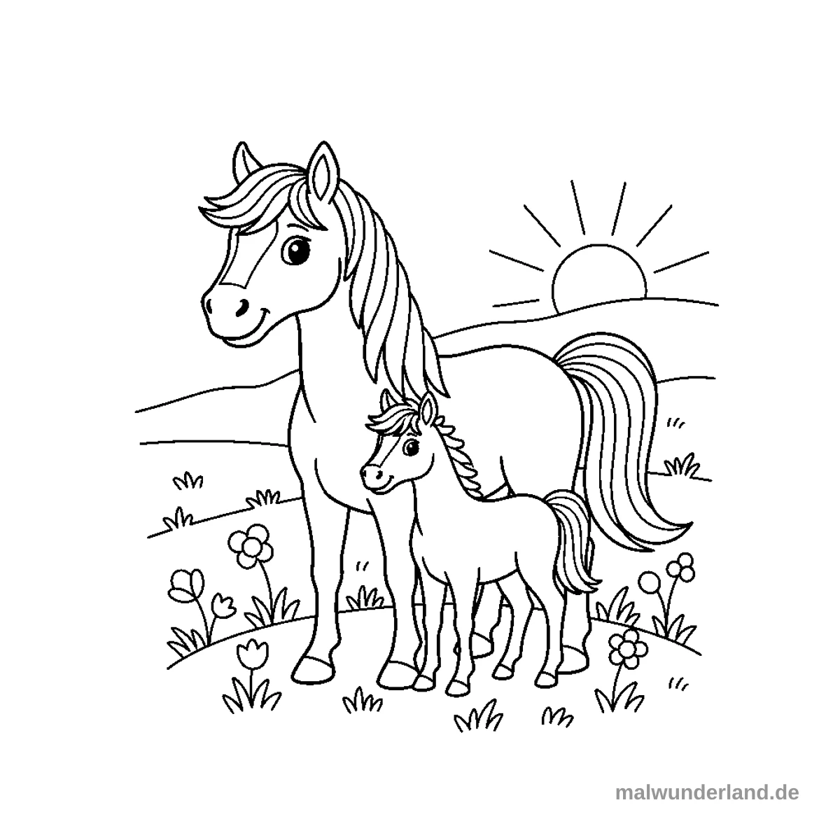 Fohlen auf der Weide - Kostenloses Ausmalbild zum Ausdrucken