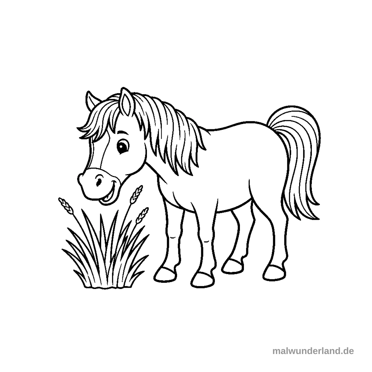 Ein lächelndes Cartoon-Pferd ist dargestellt, das sich bückt, um an einem Büschel Gras mit einigen ährenartigen Spitzen zu fressen. Das Bild ist im Stil einer Schwarz-Weiß-Lineart für ein Ausmalbild gehalten.