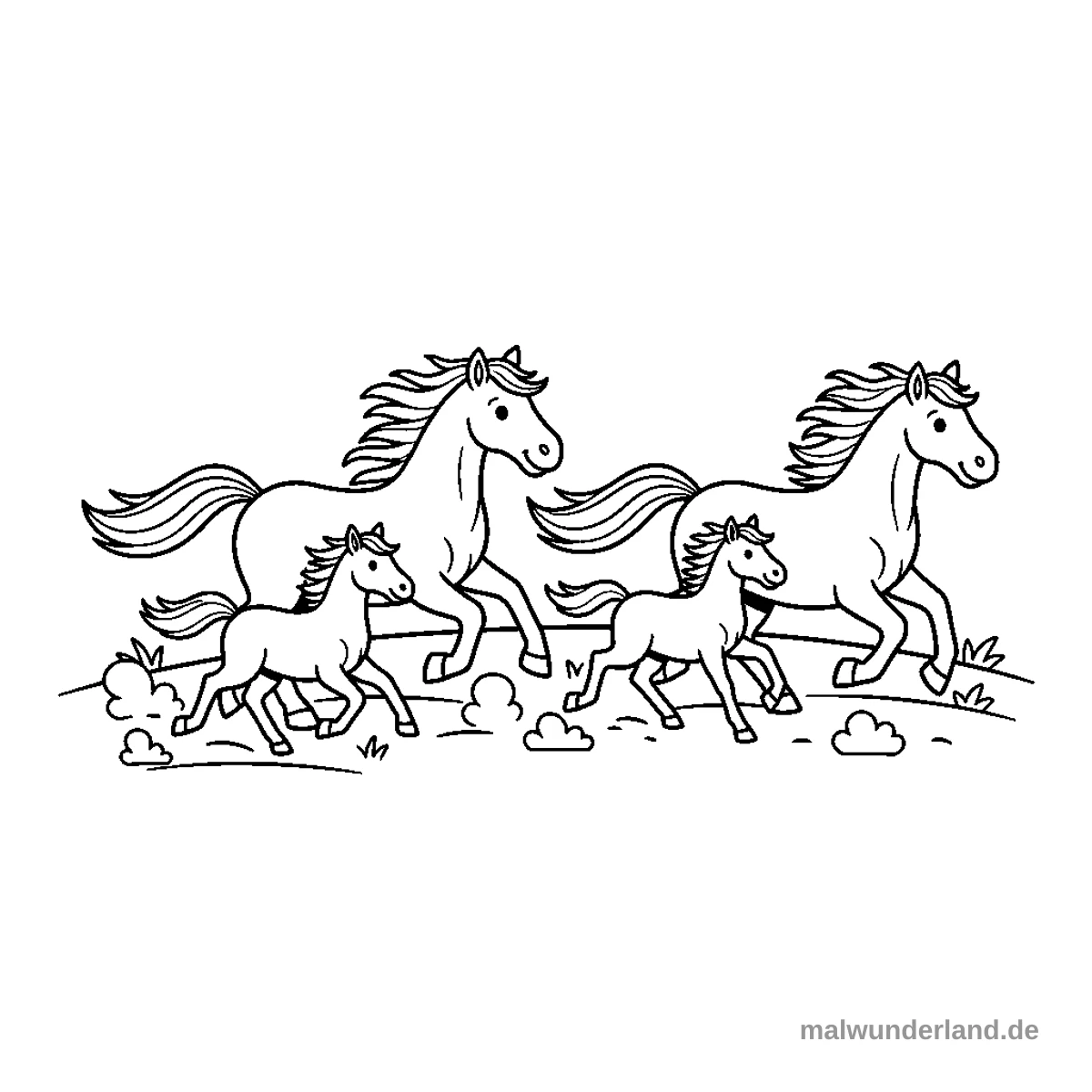 Zwei erwachsene Pferde und zwei Fohlen galoppieren von links nach rechts über eine leicht hügelige Graslandschaft. Das Ausmalbild zeigt die Tiere als Umrisszeichnungen mit wehenden Mähnen und angedeuteten Staubwolken unter ihren Hufen.