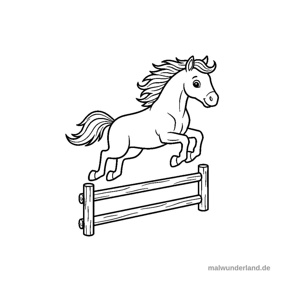 Das Ausmalbild zeigt ein freundlich blickendes Pferd, das gerade in einem dynamischen Sprung über einen einfachen Holzzaun schwebt. Das gesamte Motiv ist als klare Umrisszeichnung dargestellt.
