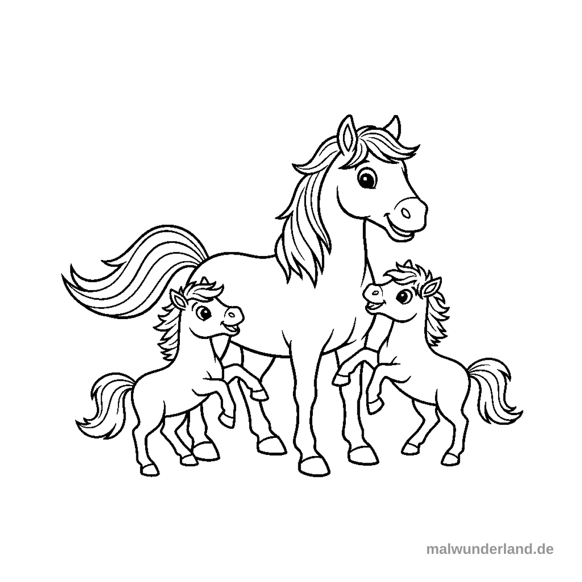 Das Ausmalbild zeigt eine erwachsene Stute mit ihren zwei jungen Fohlen. Die drei Pferde stehen beisammen, lächeln und die Fohlen sind spielerisch auf den Hinterbeinen aufgerichtet.