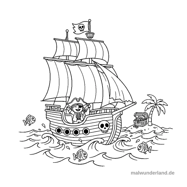 Piratenschiff auf hoher See - Kostenloses Ausmalbild zum Ausdrucken