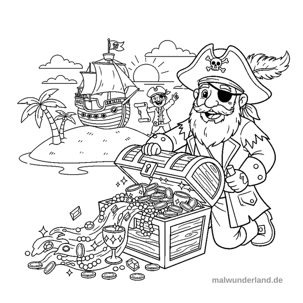 Schatzkiste voller Gold - Kostenloses Ausmalbild zum Ausdrucken