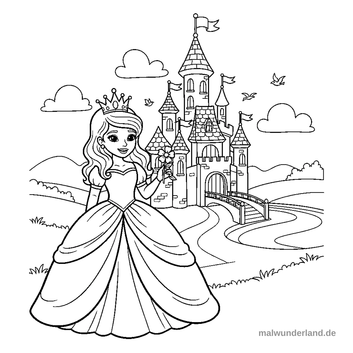 Das Ausmalbild zeigt eine Prinzessin mit einer Krone, die lächelnd eine Blume hält und vor einem großen, detaillierten Märchenschloss steht. Eine geschwungene Brücke führt zu dem Schloss, umgeben von sanften Hügeln, Wolken und fliegenden Vögeln.
