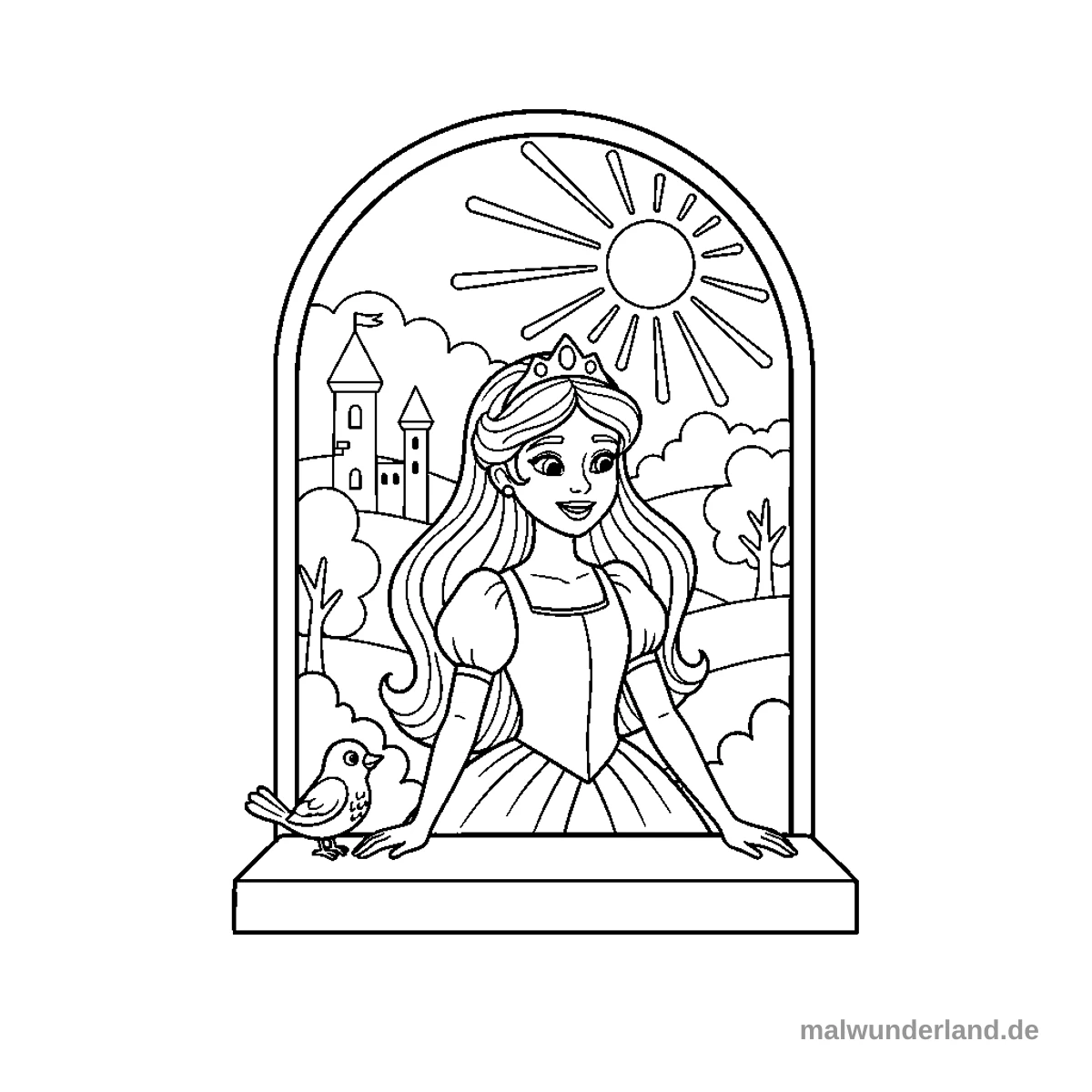 Eine lächelnde Prinzessin blickt aus einem gewölbten Fenster, das eine weite Landschaft mit einem Schloss, Bäumen, Wolken und einer strahlenden Sonne zeigt. Auf dem Fensterbrett sitzt ein kleiner Vogel.