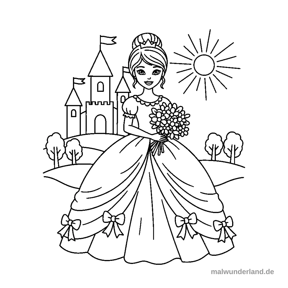 Prinzessin im Ballkleid - Kostenloses Ausmalbild zum Ausdrucken