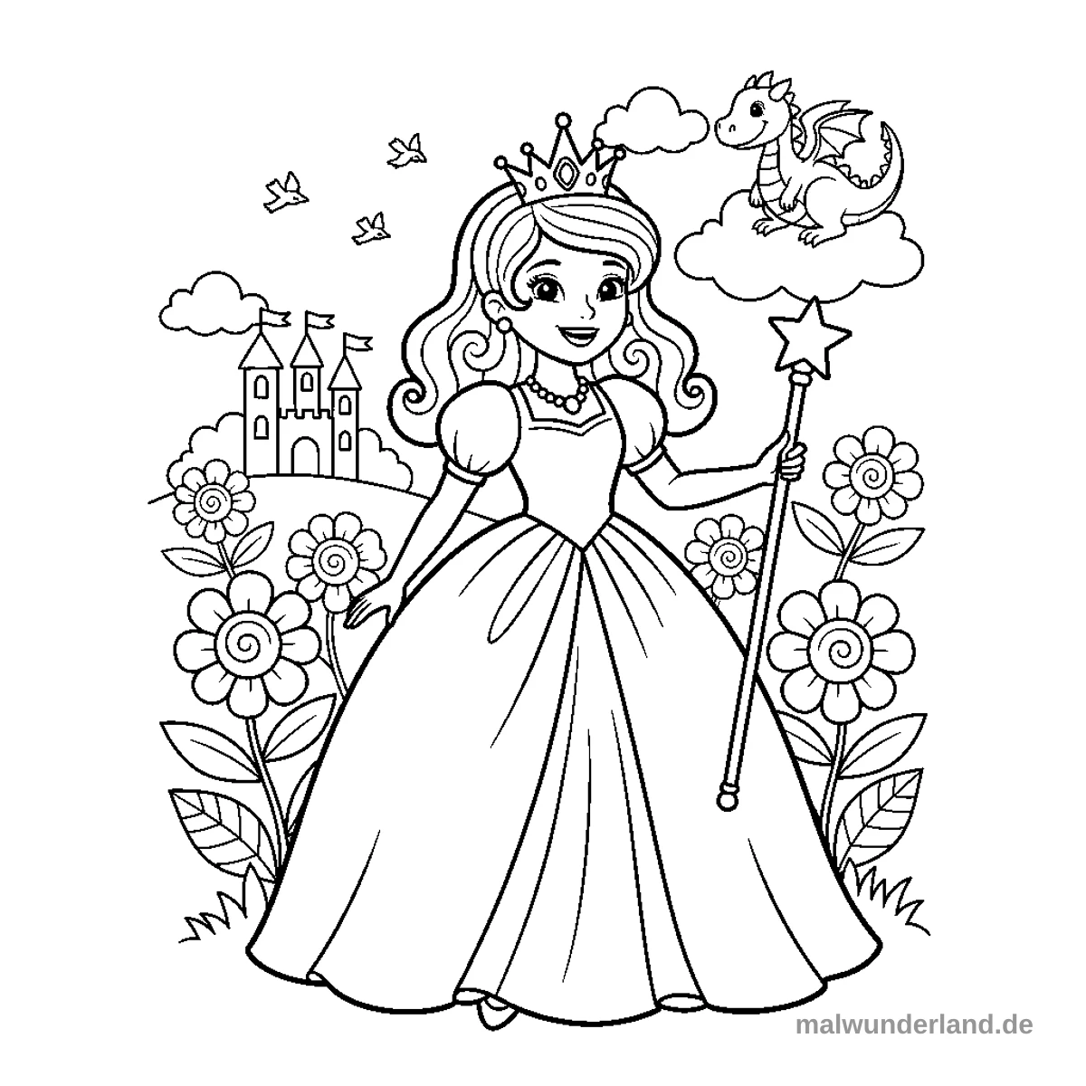 Das Ausmalbild zeigt eine lächelnde Prinzessin mit einem Diadem und einem Sternen-Zauberstab in einem langen, eleganten Kleid. Im Hintergrund sind ein Schloss auf einem Hügel, zahlreiche Blumen, fliegende Vögel und ein kleiner Drache auf einer Wolke zu sehen.