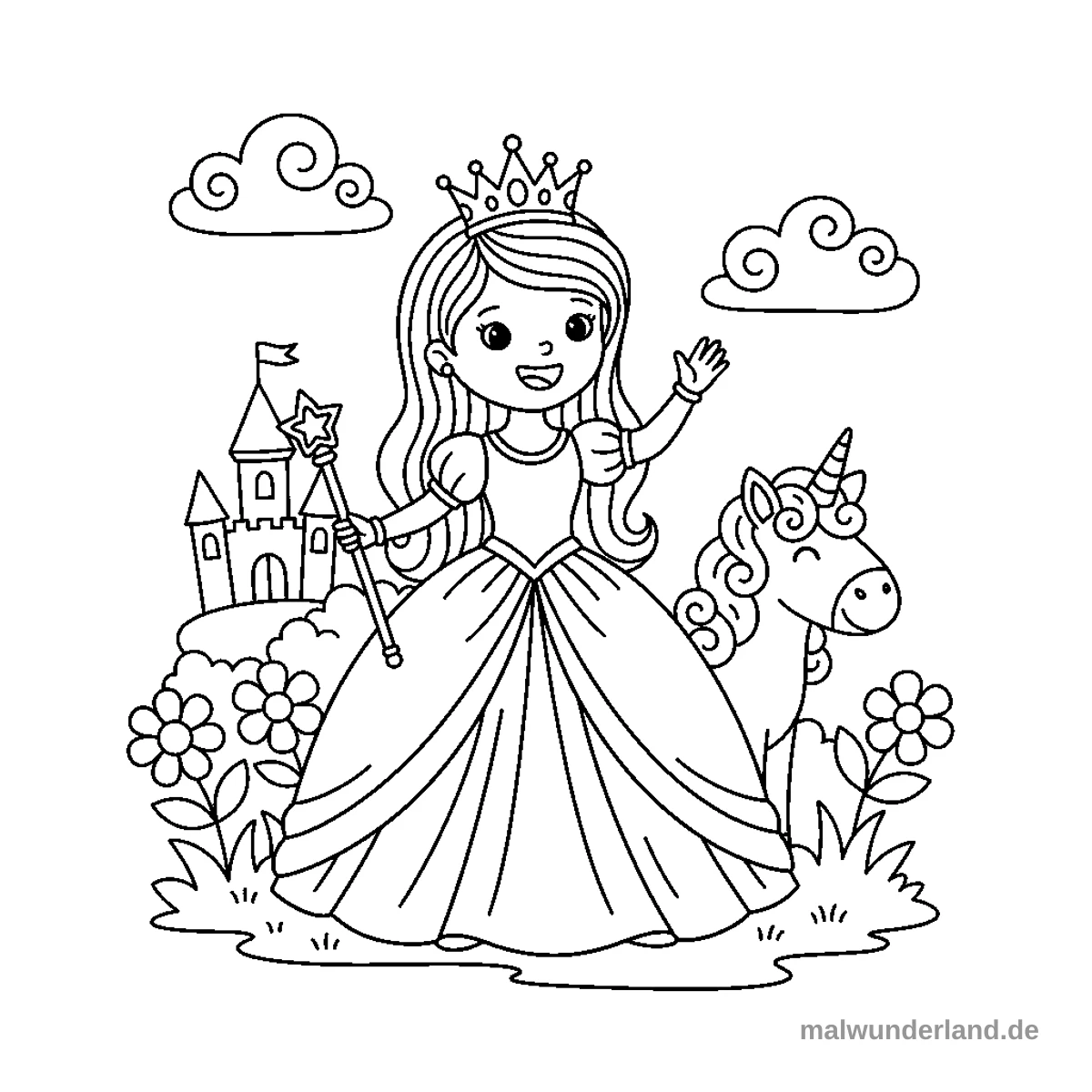 Prinzessin mit Krone - Kostenloses Ausmalbild zum Ausdrucken