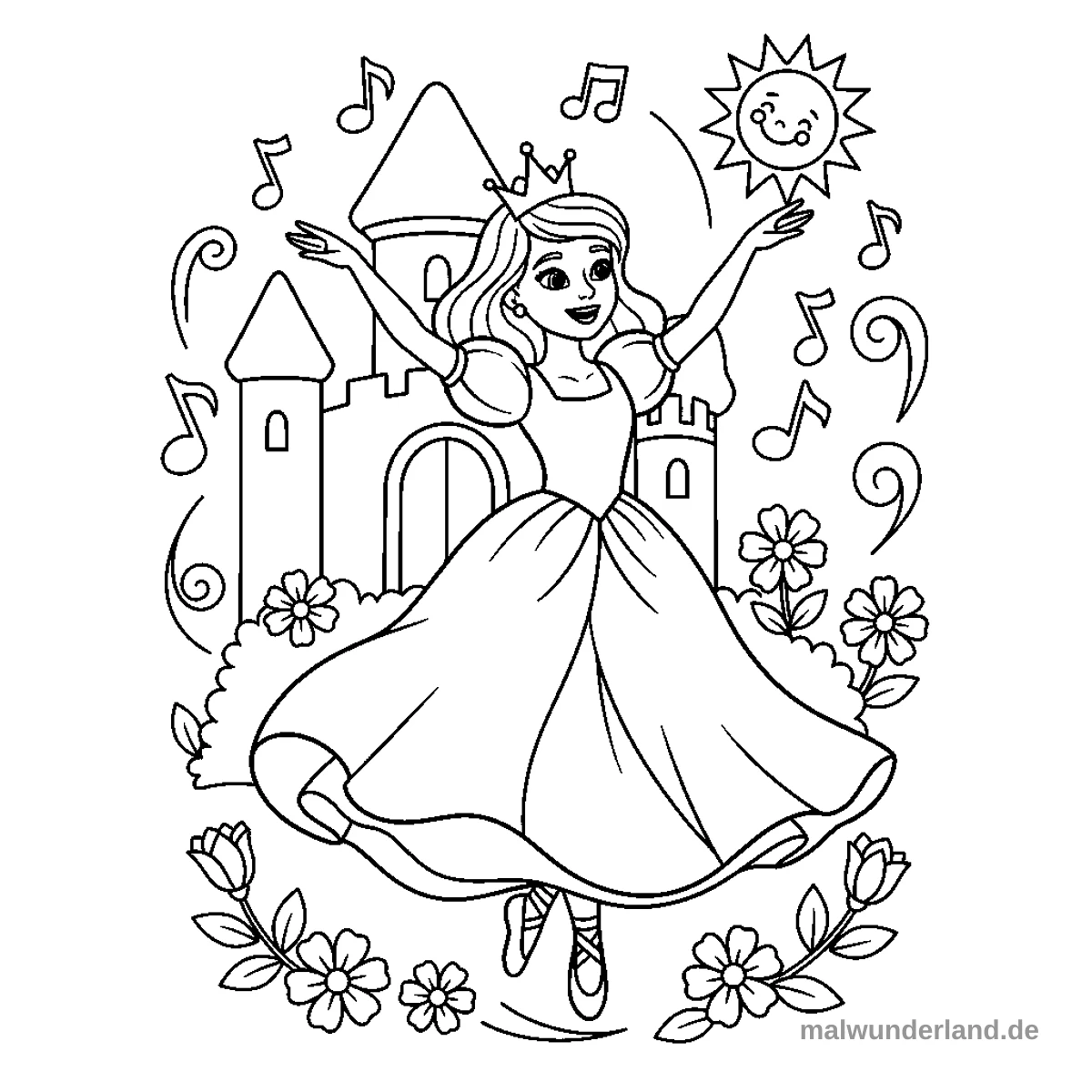 Das Ausmalbild zeigt eine tanzende Prinzessin mit Krone und Ballerinaschuhen vor einem großen Schloss, umgeben von Blumen und aufsteigenden Musiknoten. Eine lächelnde Sonne strahlt im oberen rechten Bereich des Bildes.