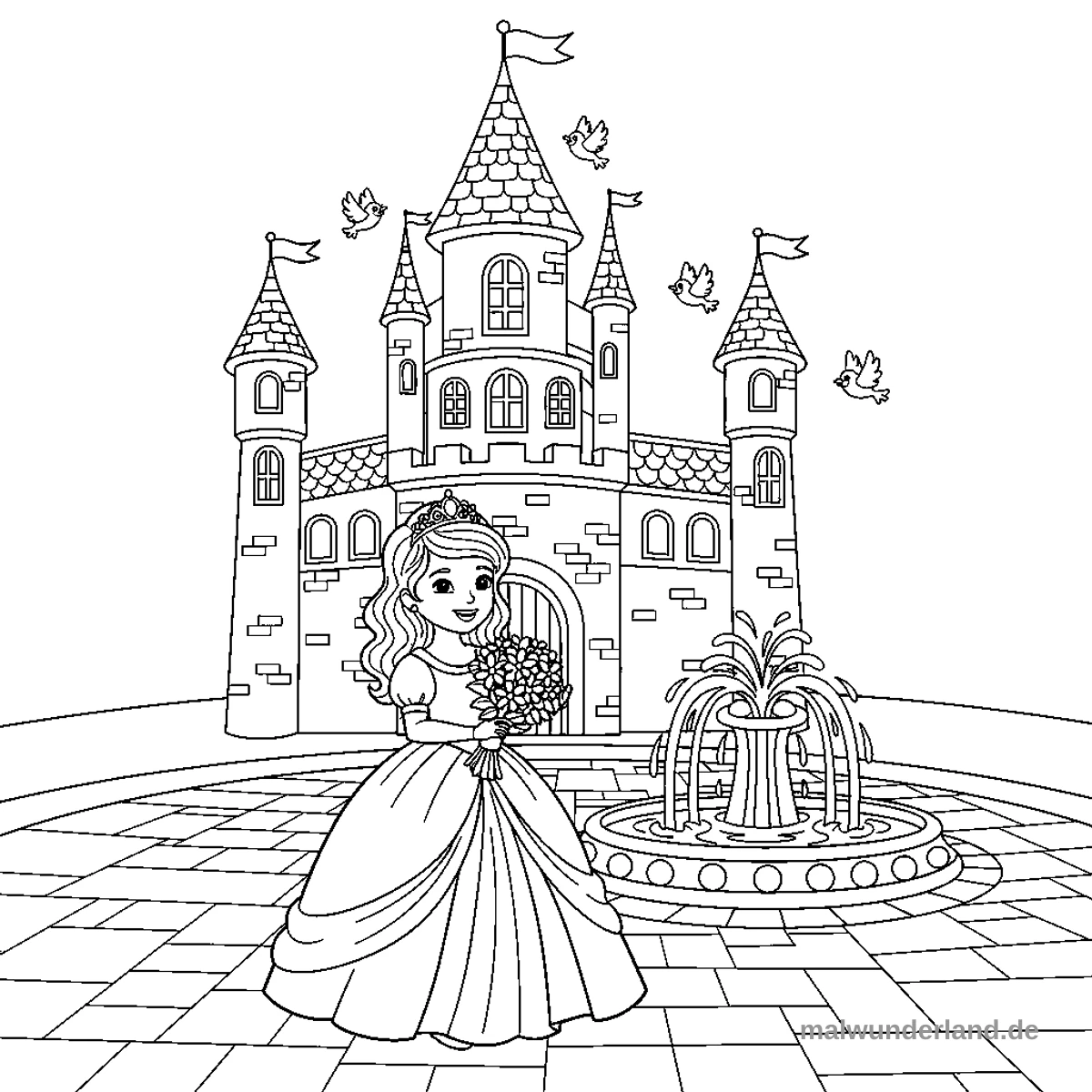 Dieses Ausmalbild zeigt eine junge Prinzessin in einem prachtvollen Kleid mit einem Blumenstrauß, die in einem Schlosshof steht. Im Hintergrund ist ein großes Märchenschloss mit mehreren Türmen, Fahnen und Fenstern zu sehen, davor ein plätschernder Brunnen und mehrere fliegende Vögel.