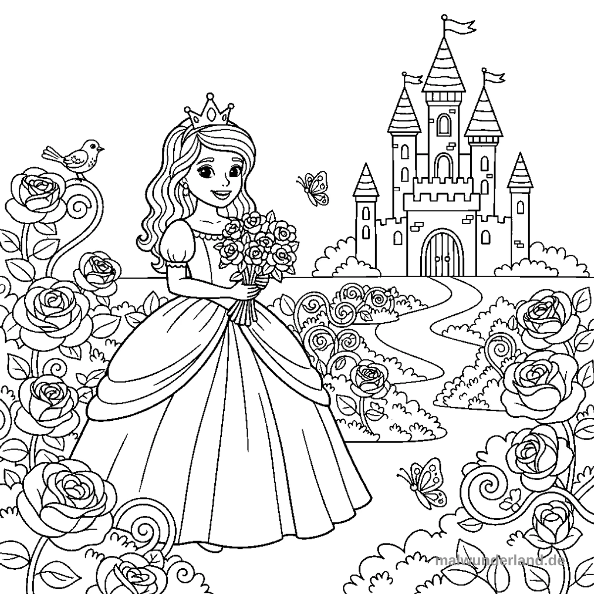 Das Ausmalbild zeigt eine lächelnde Prinzessin mit Krone und einem Blumenstrauß in einem weitläufigen Rosengarten. Im Hintergrund ist ein großes Schloss mit Türmen und einem Pfad zu sehen, umgeben von Büschen und weiteren Rosen.