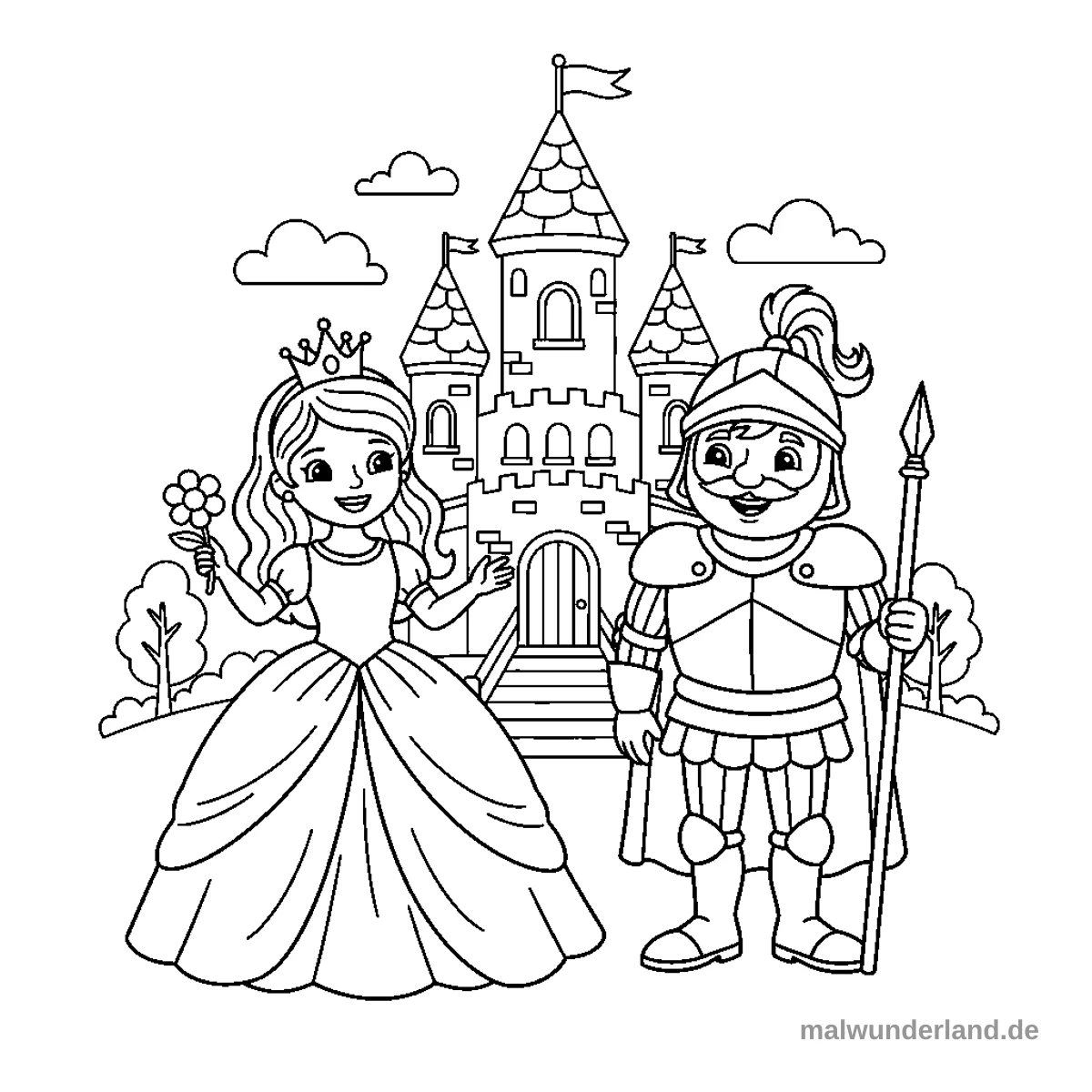 Das Ausmalbild zeigt eine lächelnde Prinzessin und einen Ritter, die vor einem großen, majestätischen Schloss stehen. Die Prinzessin hält eine Blume, während der Ritter mit seiner Rüstung einen Speer in der Hand hält.