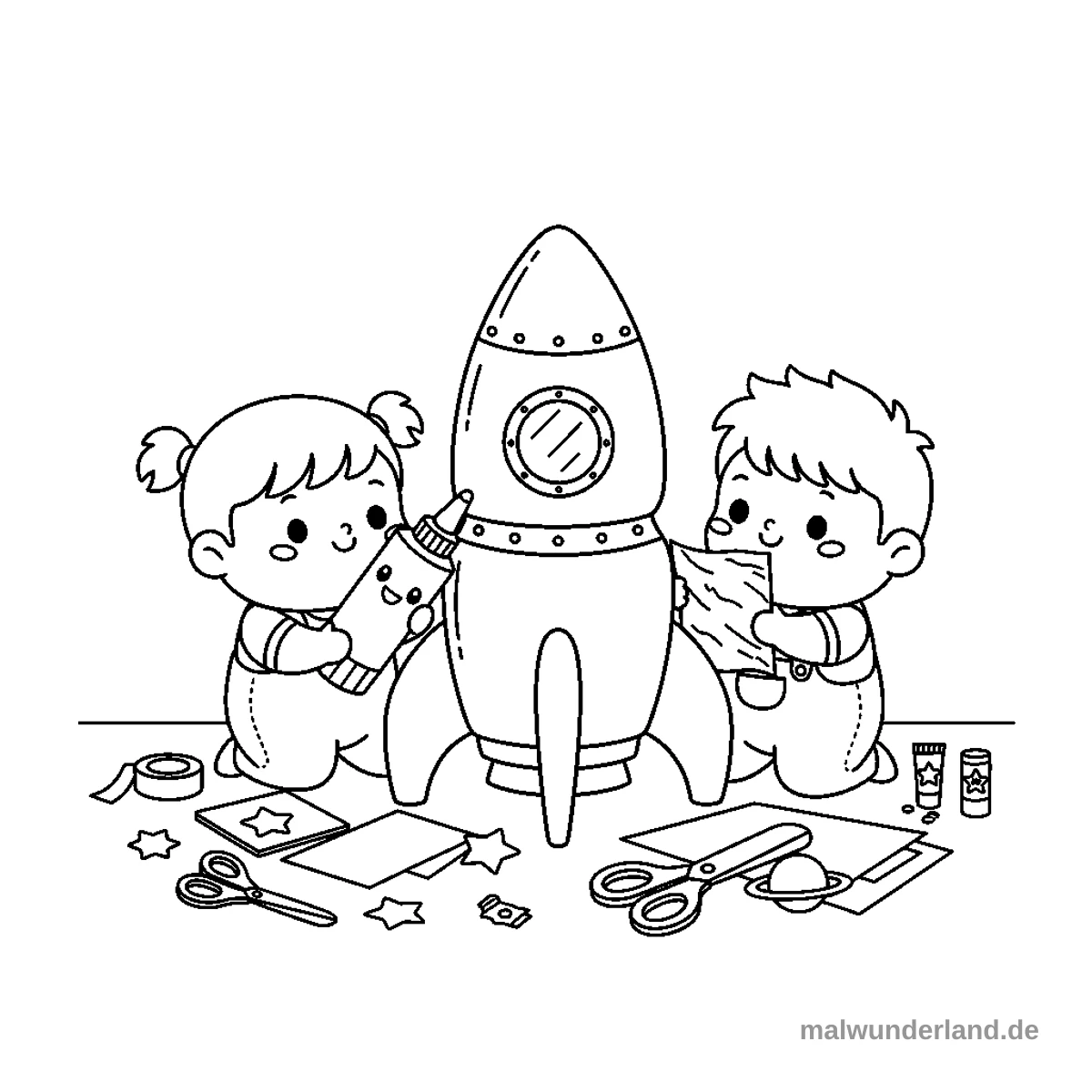 Kinder basteln gemeinsam eine Rakete.