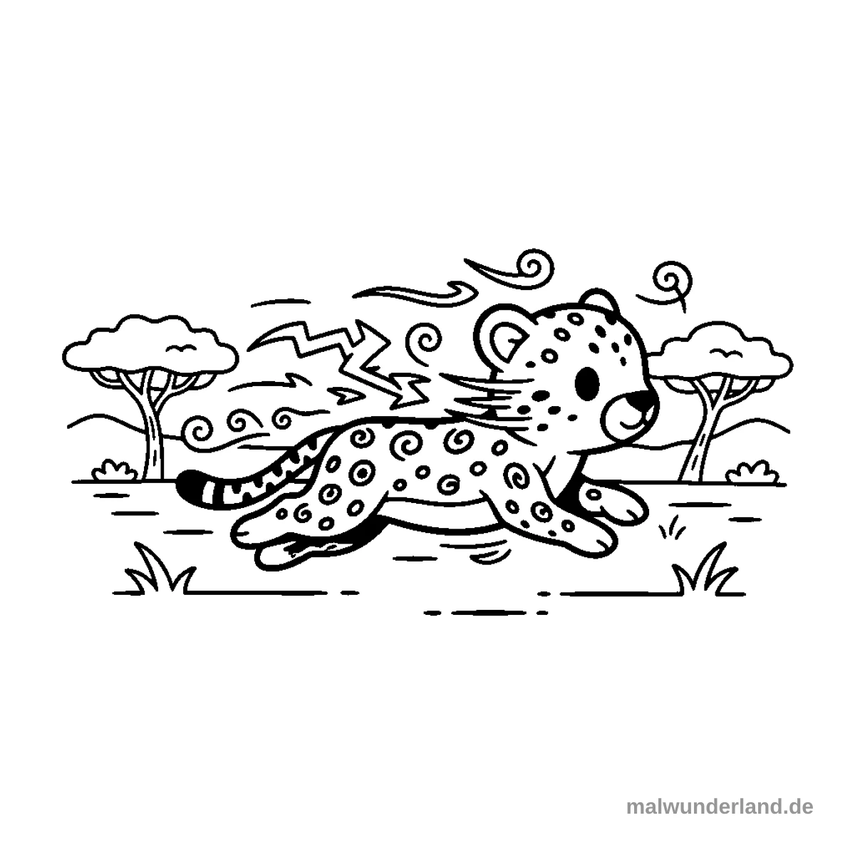 Ein Gepard, der in der Savanne rennt. Seine Flecken sind mit Geschwindigkeitspuren und Windmotiven gefüllt.