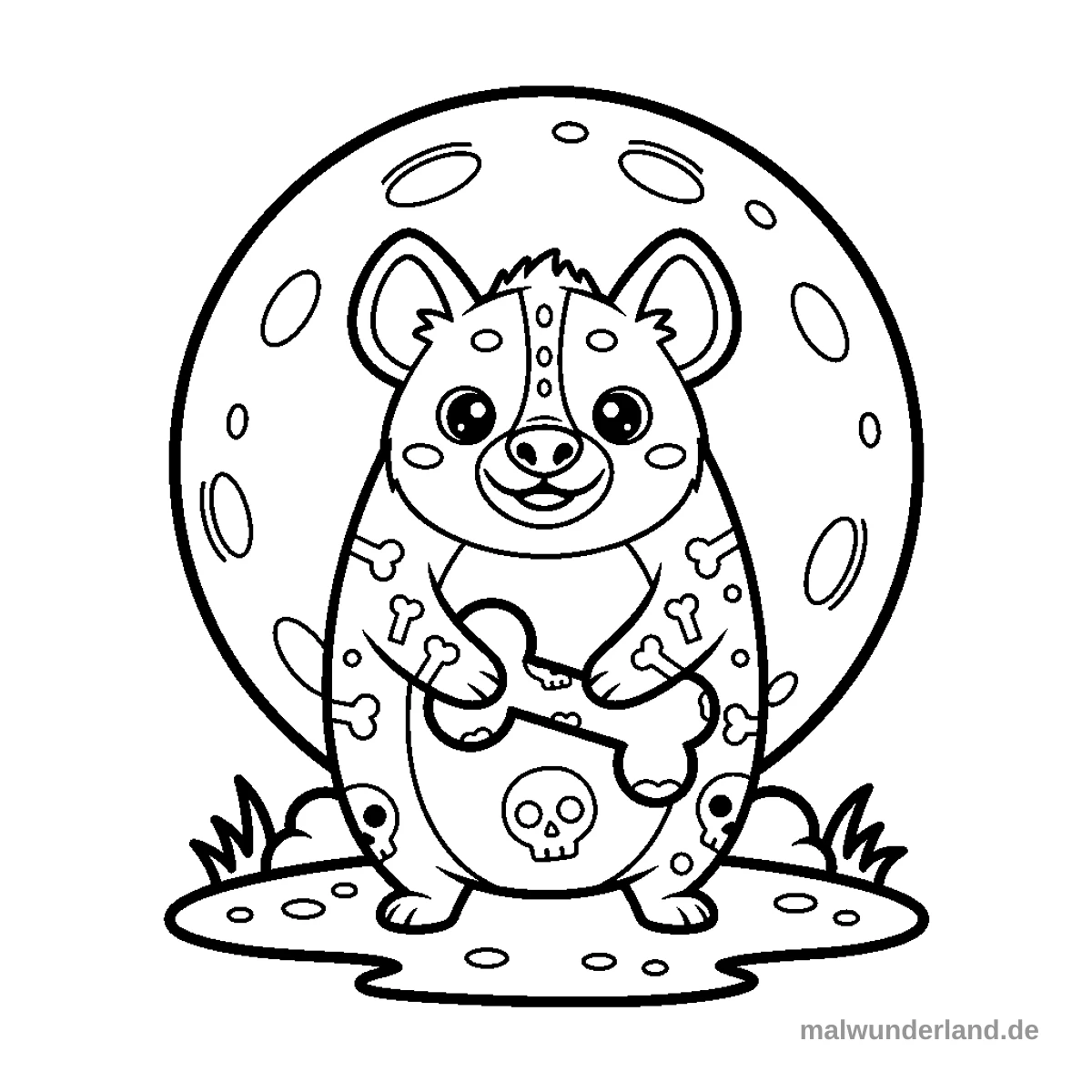 Eine Hyäne, die im Mondlicht steht und lacht. Ihr Fell ist mit Knochenmotiven und Totenkopfmustern verziert.