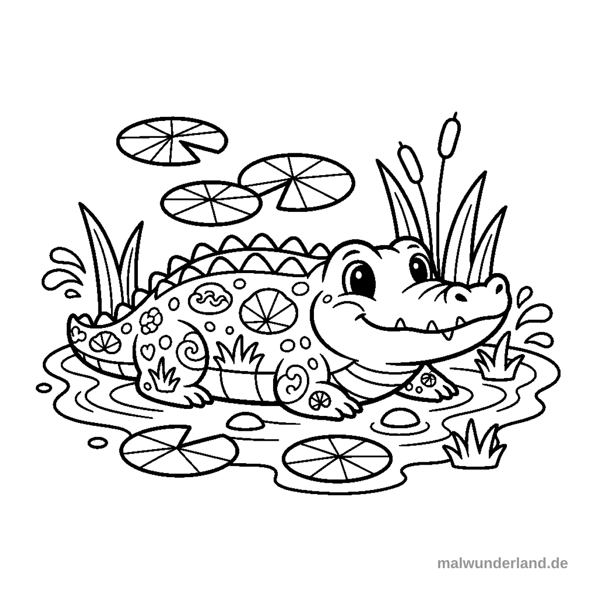 Ein Krokodil, das im Sumpf liegt und lauert. Seine Haut ist mit Sumpfpflanzen und Wassermotiven verziert.