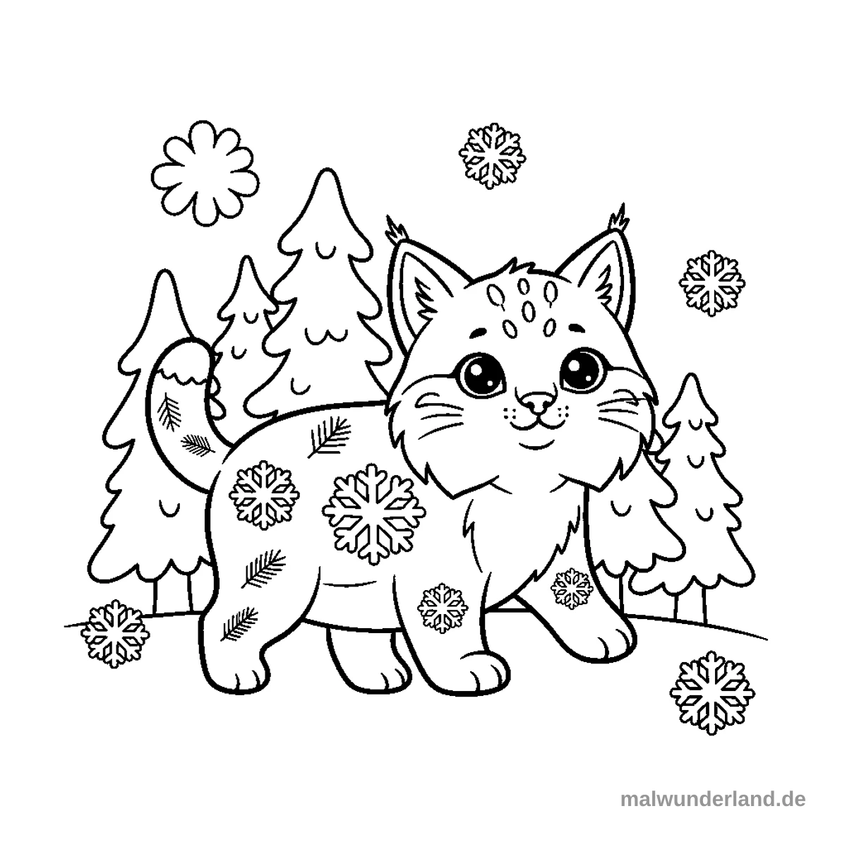 Ein Luchs, der durch einen verschneiten Winterwald schleicht. Sein Fell ist mit Schneeflocken und Tannenzweigen verziert.