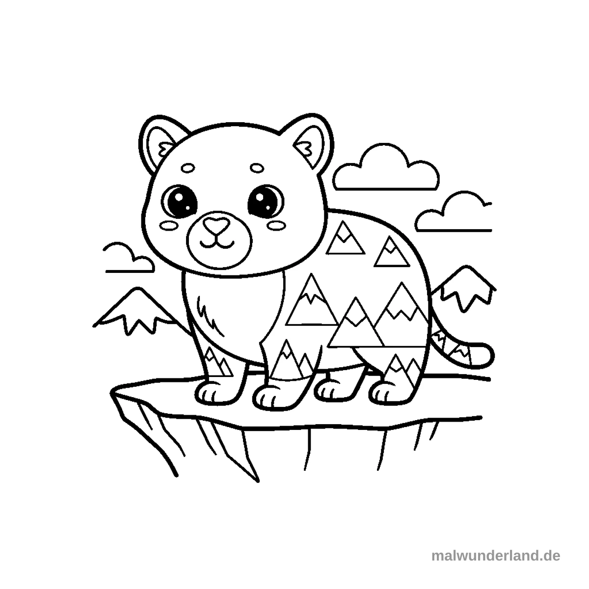 Ein Puma, der auf einem Felsvorsprung in den Bergen steht und die Landschaft überblickt. Sein Fell ist mit Bergmotiven und Felsstrukturen gefüllt.