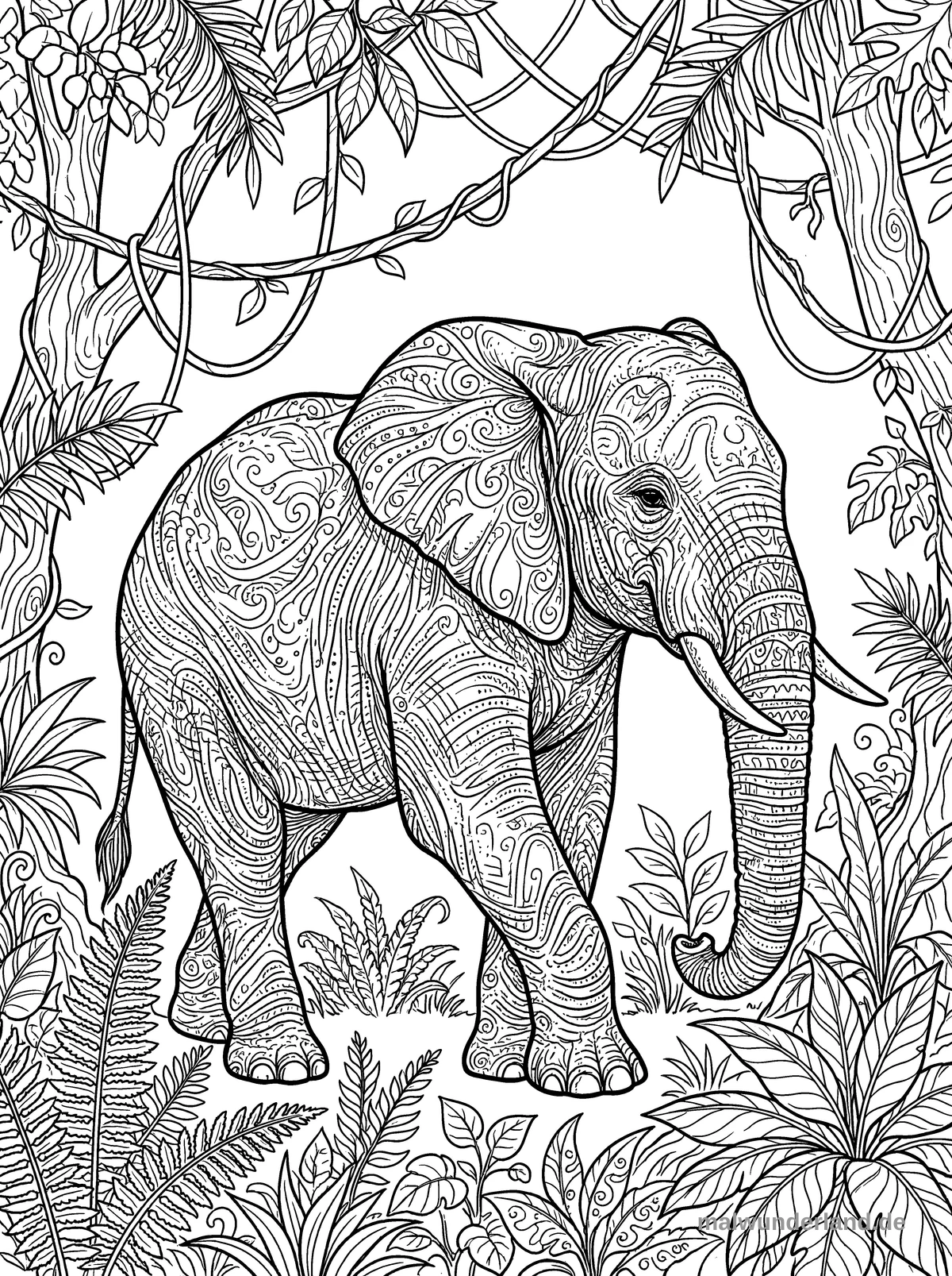 Elefant im Dschungel - Kostenloses Ausmalbild zum Ausdrucken