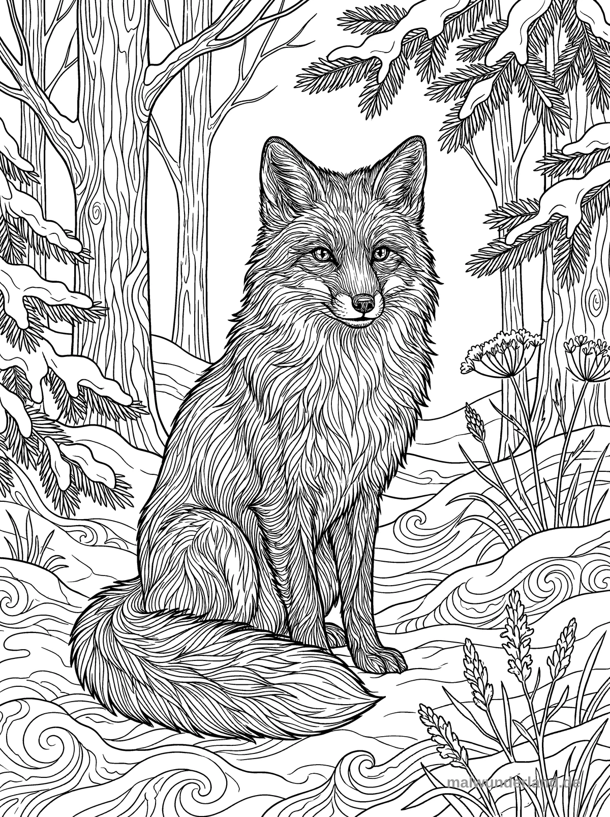Ein detailliertes Ausmalbild zeigt einen Fuchs, der auf leicht welligem, schneebedecktem Boden sitzt und direkt nach vorne blickt. Im Hintergrund sind kahle Bäume und Tannen mit Schnee auf den Zweigen zu sehen, während im Vordergrund Pflanzen und Gräser aus dem Schnee ragen.