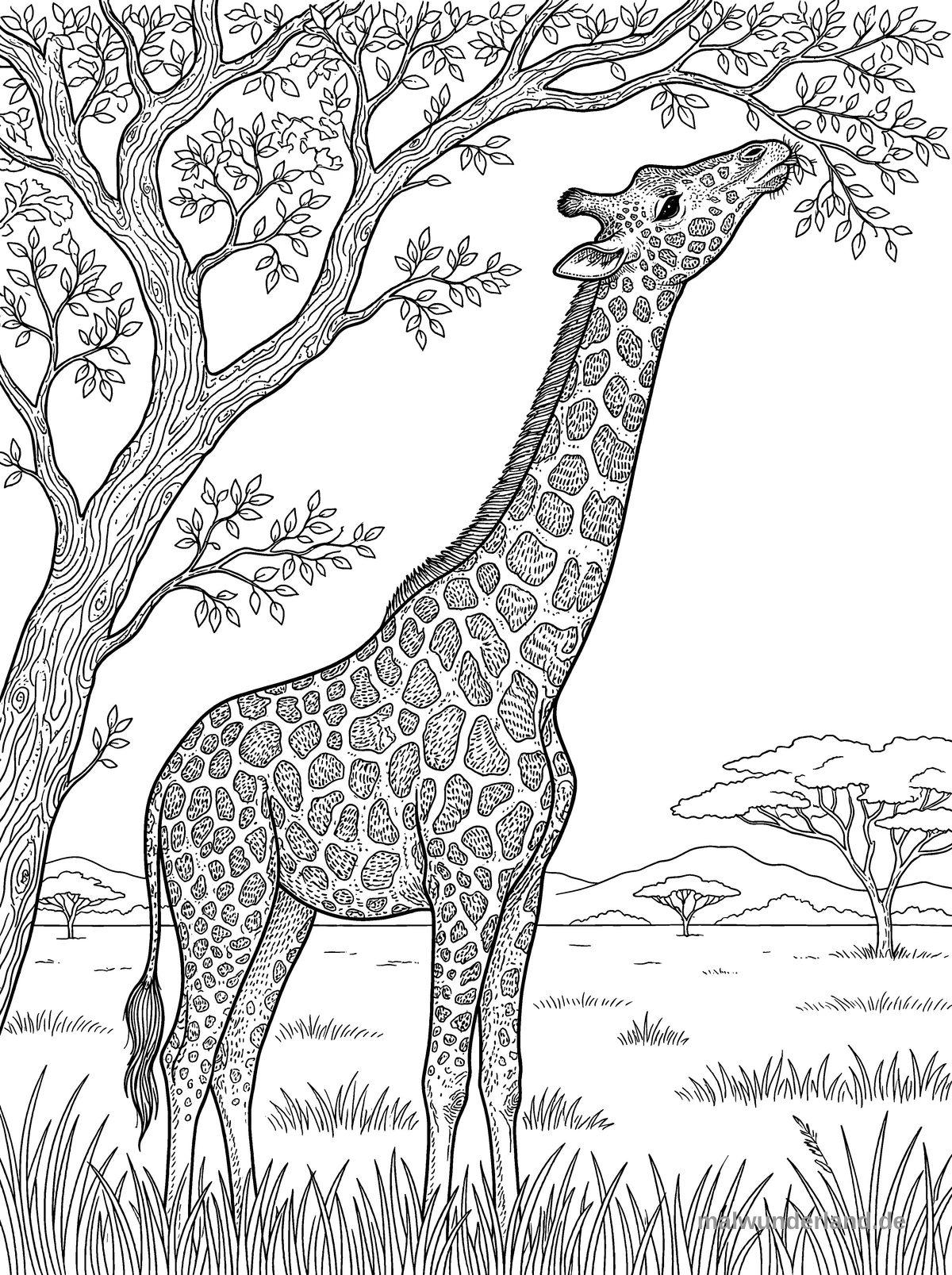 Das Ausmalbild zeigt eine hochgewachsene Giraffe, die sich streckt, um Blätter von einem Baum zu fressen. Im Hintergrund erstreckt sich eine weite Savannenlandschaft mit einzelnen Bäumen, sanften Hügeln und niedrigem Gras.