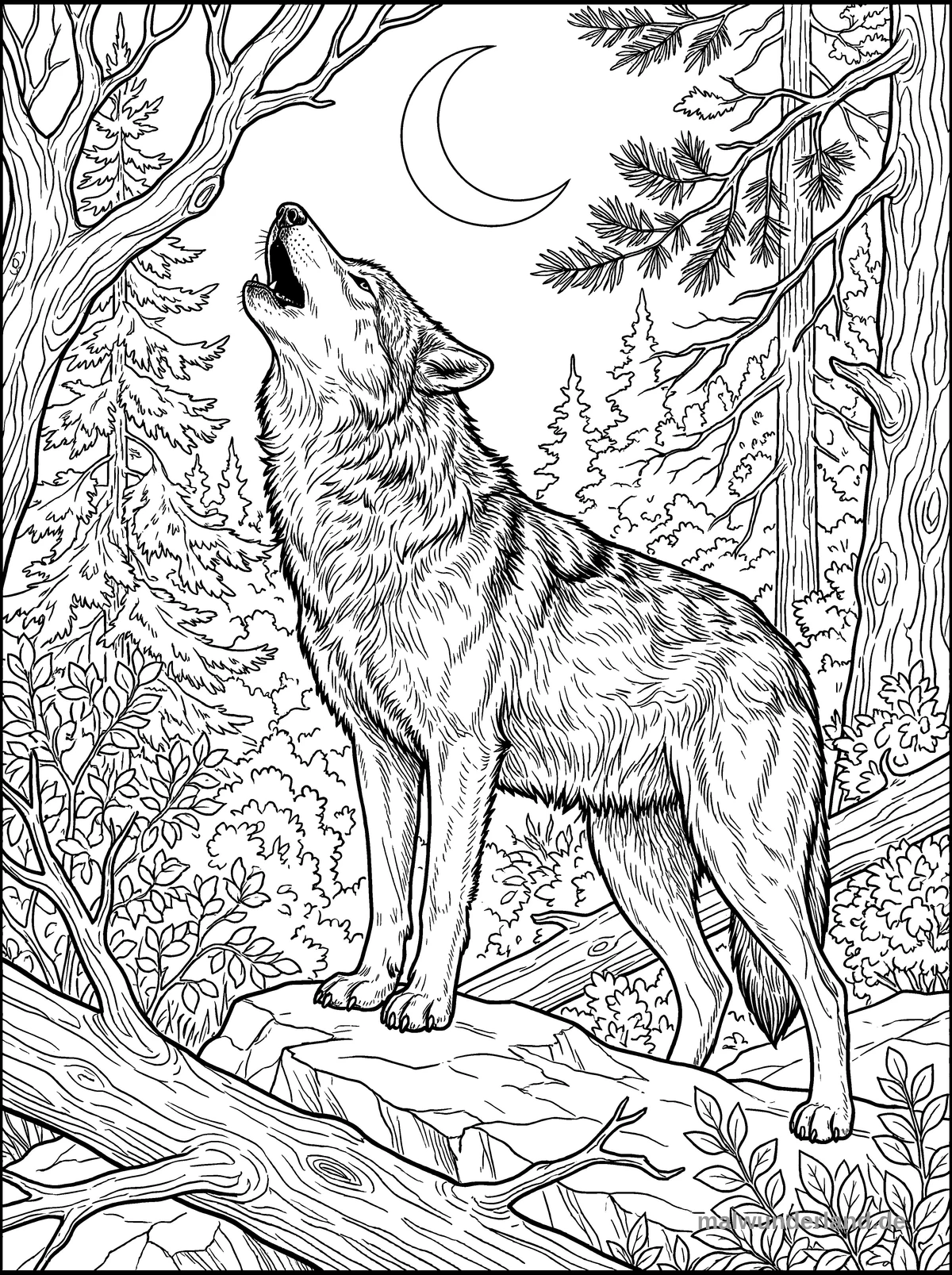 Wolf im Wald - Kostenloses Ausmalbild zum Ausdrucken