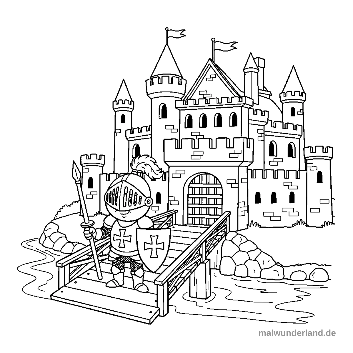 Burggraben mit Zugbrücke - Kostenloses Ausmalbild zum Ausdrucken