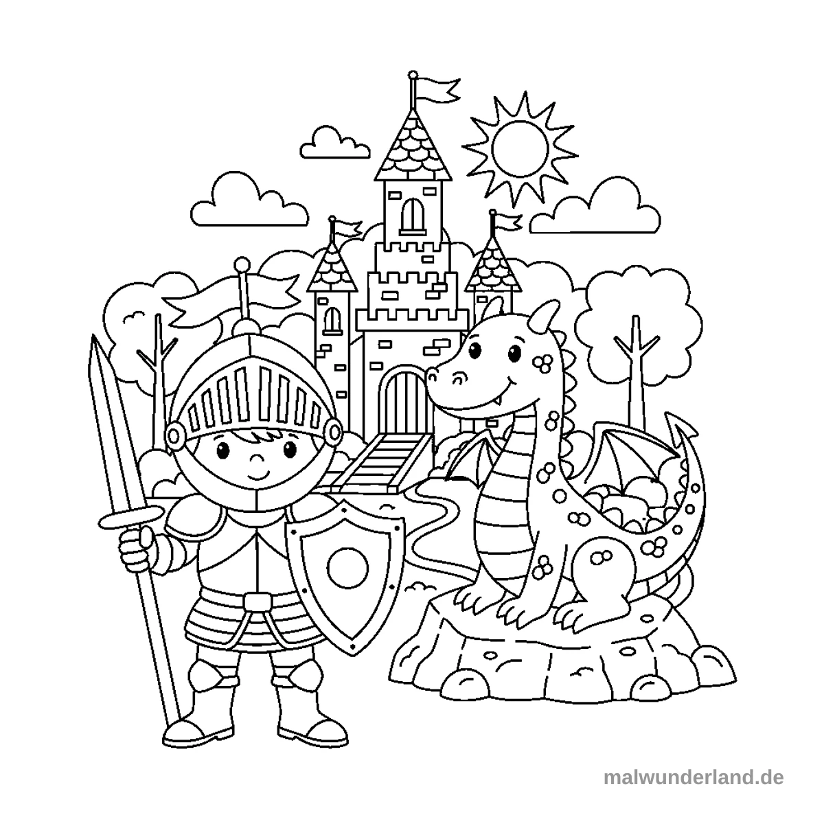 Das Ausmalbild zeigt einen tapferen Ritter mit Helm, Schwert und Schild, der vor einer großen mittelalterlichen Burg steht. Daneben sitzt ein freundlich lächelnder Drache auf einem Felsen, während eine strahlende Sonne und Wolken am Himmel zu sehen sind.