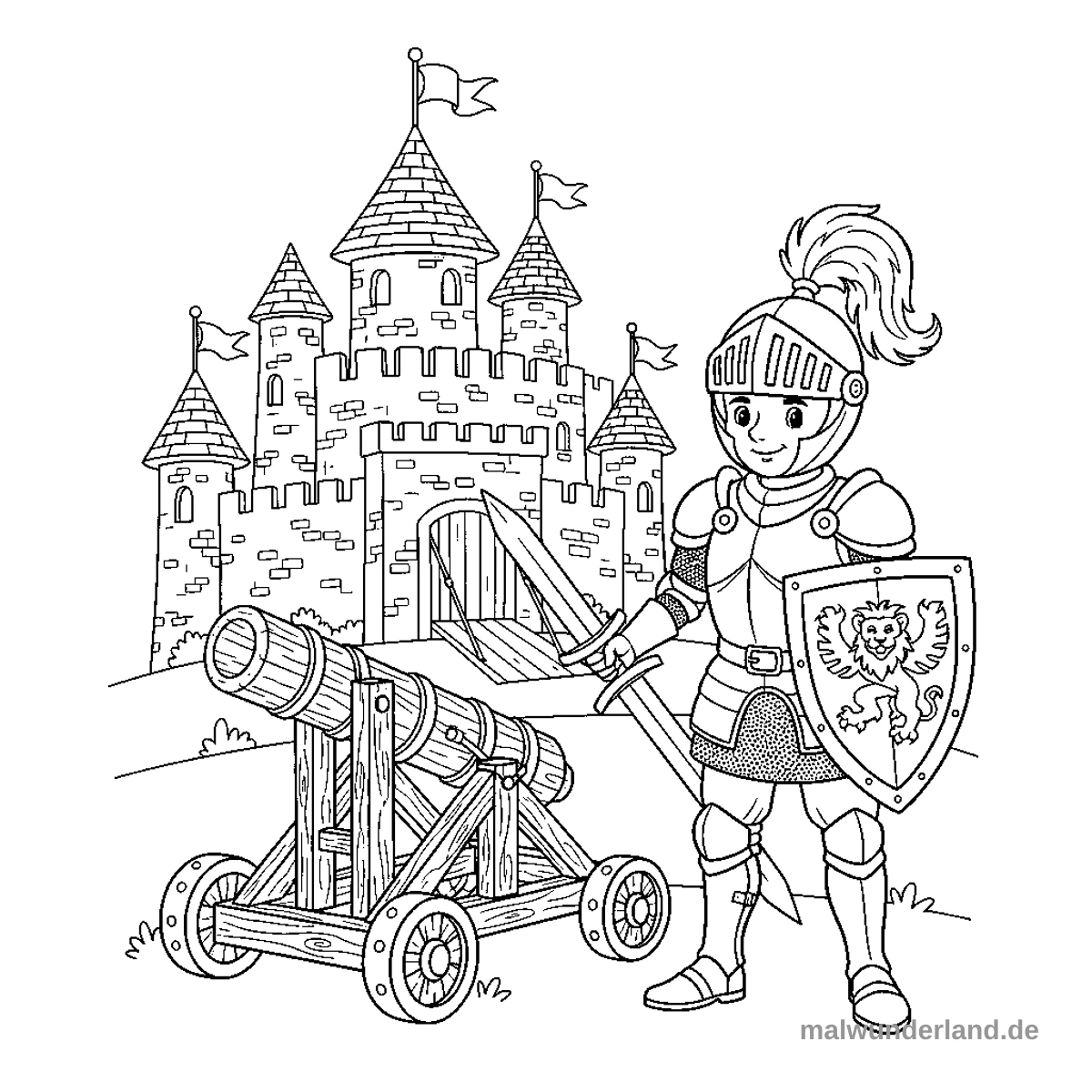 Katapult vor Burg - Kostenloses Ausmalbild zum Ausdrucken