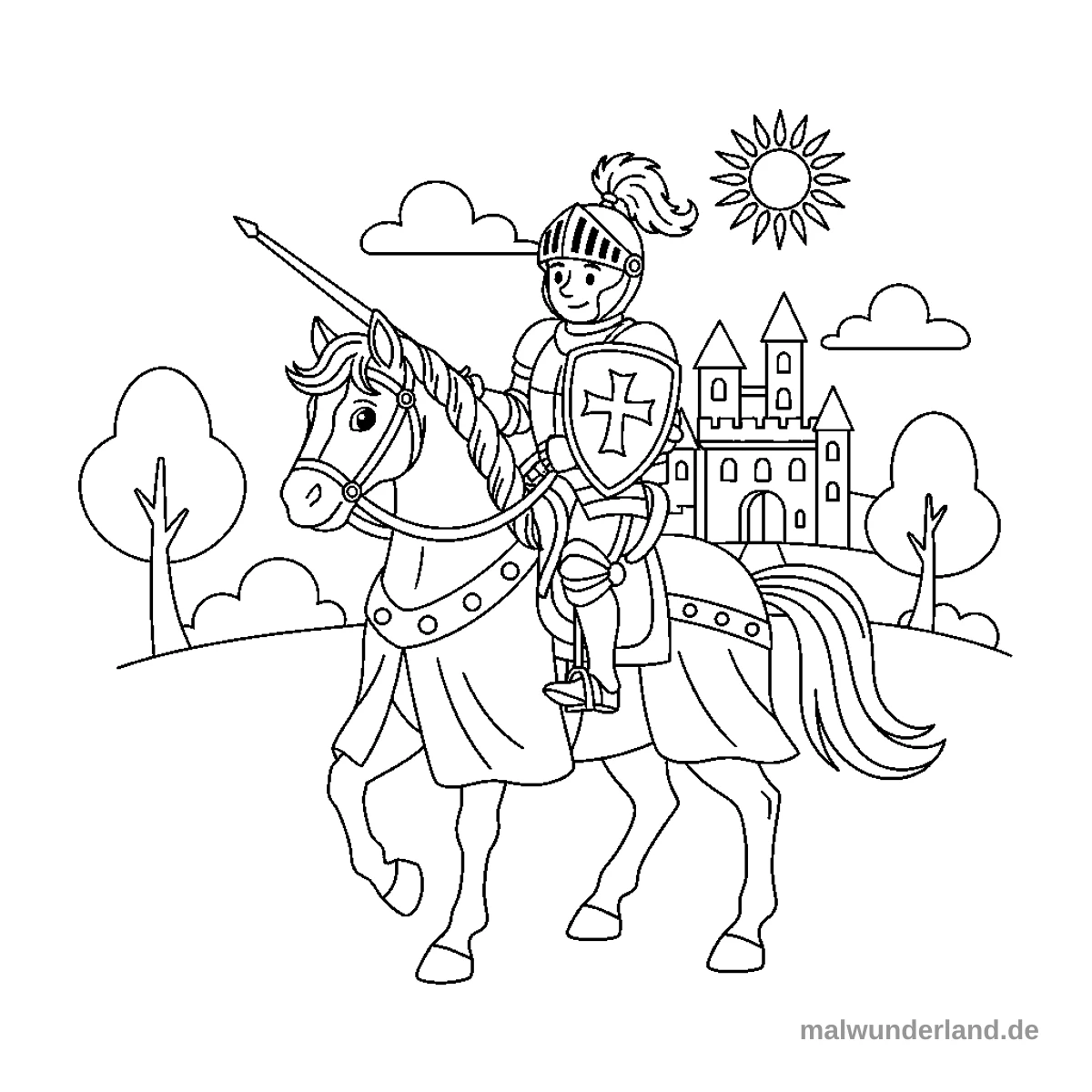 Ritter auf Pferd - Kostenloses Ausmalbild zum Ausdrucken